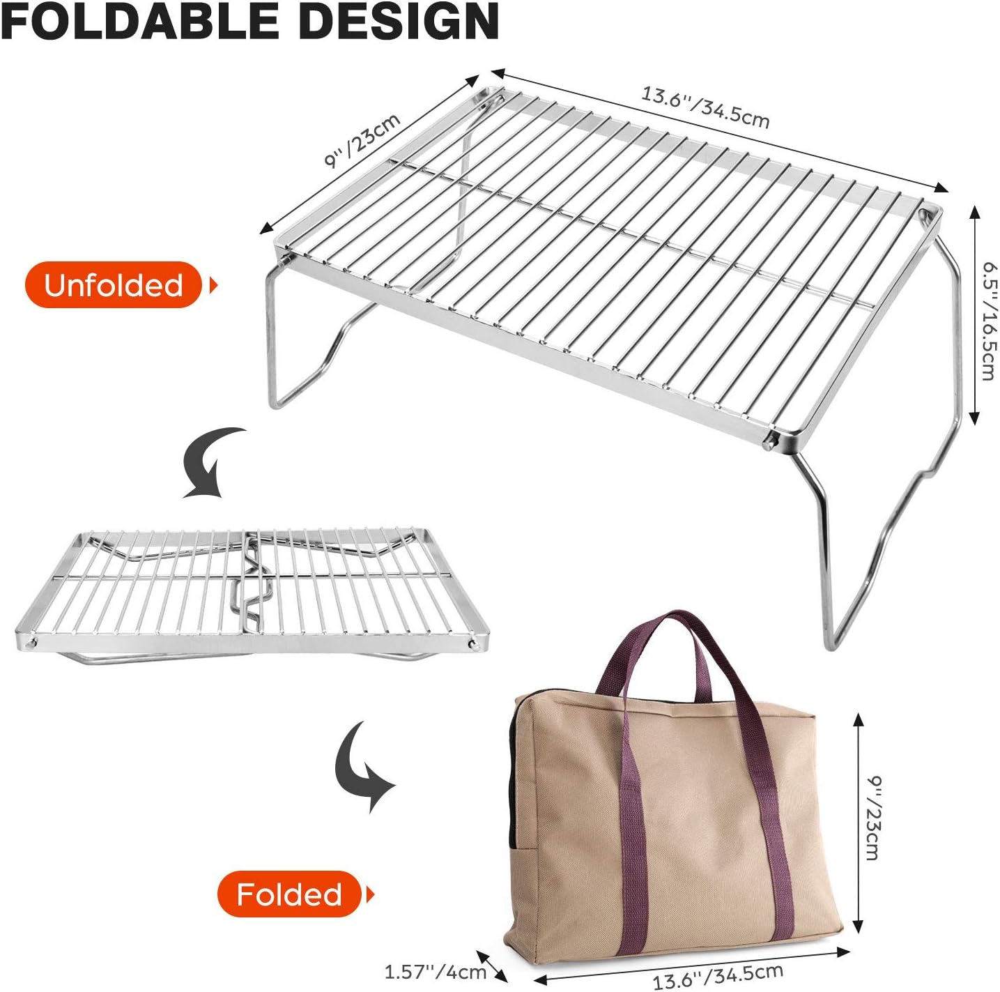 Odoland Folding Campfire Grill, 304 Stainless Steel Grate Barbeque Grill, Portable Camping Grill with Legs for Picnics, Backpacking, Outdoor with Carrying Bag and Kitchen Tongs : Sports & Outdoors