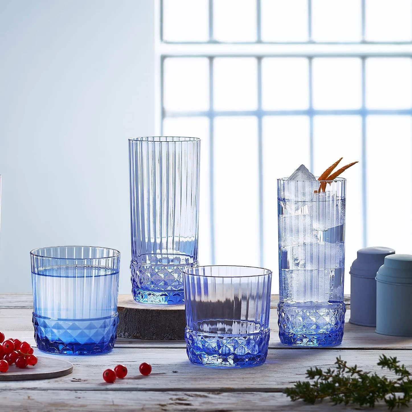 Bormioli Rocco America '20s Set Of 6 Cooler Glasses, 16.5 Oz. Colored Crystal Glass, Sapphire Blue, Made in Italy.