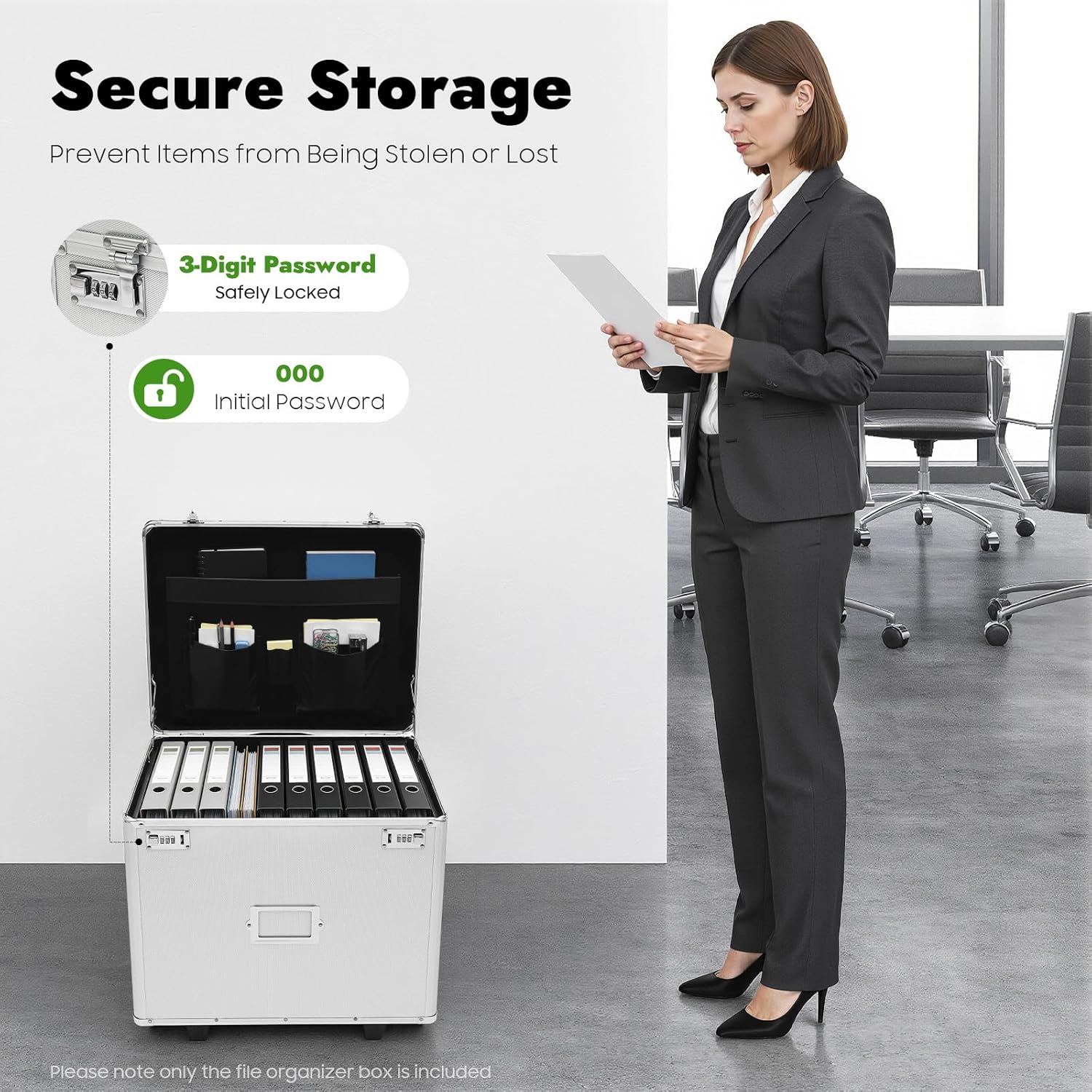 Locking Mobile Storage File Box with Wheels, Portable Business Rolling Case with Combination Lock, Sorted Storage Large Capacity Organizer Document Box File Cabinet for Office Home School (Silver)