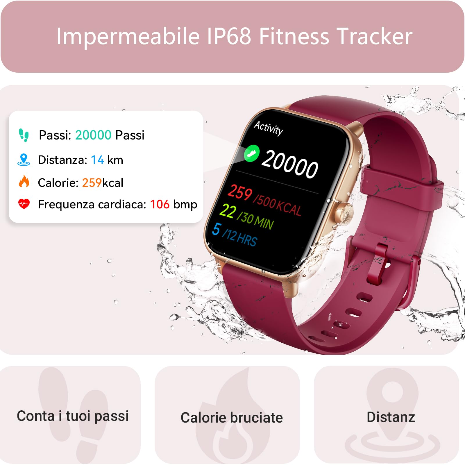 Gydom Smartwatch Donna, 1.8" Orologio Smartwatch Chiamate, Fitness Tracker con Contapassi Cardiofrequenzimetro SpO2, 110 Modalità Sport, Monitoraggio Sonno, Impermeabile IP68 per iOS Android Rosso