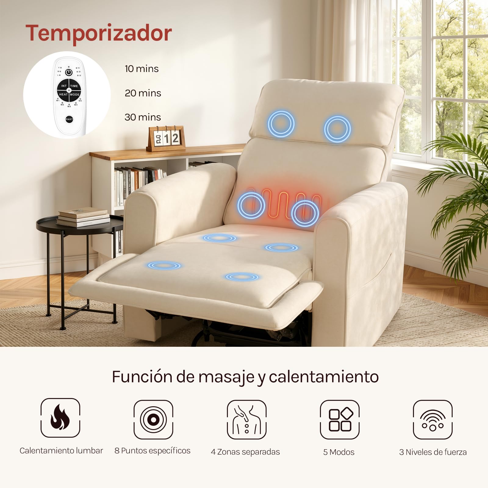 WOLTU Sillón Relax Reclinable, Sillón de Masaje con Calefacción de Masaje, Reposapiés, Bolsillos, Portavasos, Puerto USB, Tapizado en Tela Chenilla, Capacidad de Carga 150 kg, Beige