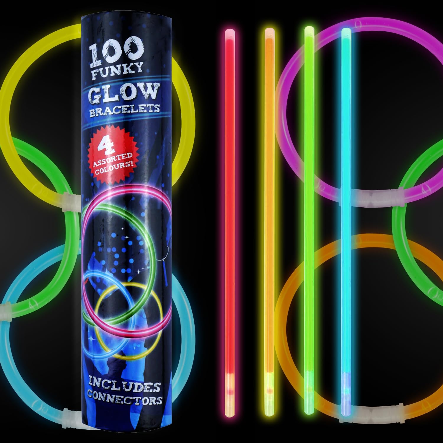 100 Piece Set of Glow Sticks - Brightly Coloured Party Sticks, For Adults and Children, Neon UV Accessories, 20.3cm / 8", Glow in the Dark Lights, Party Games (100 Pieces, 8'' Glow Sticks)