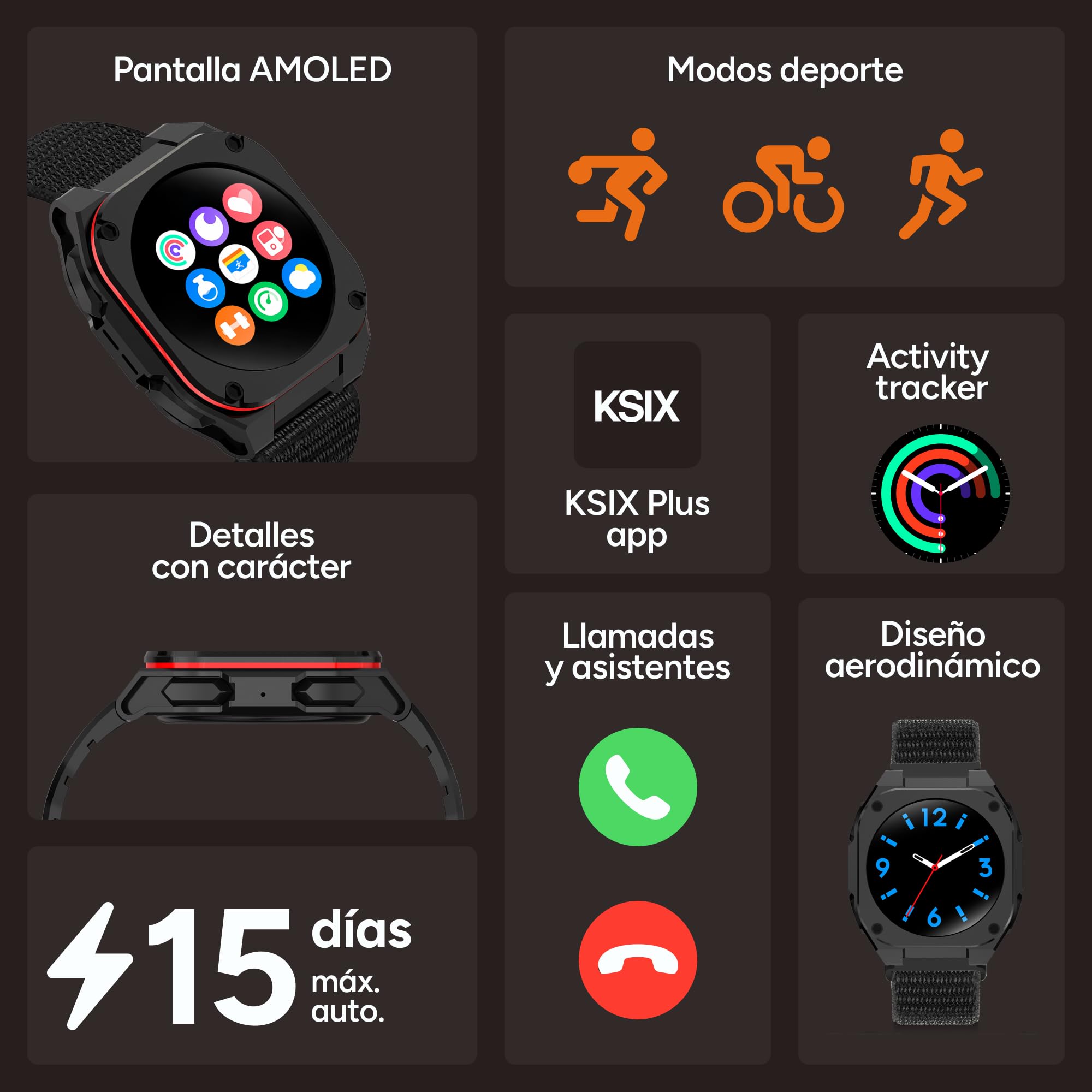 KSIX Smartwatch Zenthium Go - Reloj Inteligente Hombre con Llamadas y Whatsapp, Pantalla AMOLED 1.32", Diseño Aeronáutico Reforzado, IP68 Sumergible, Compatible con iPhone® y Android® - Negro