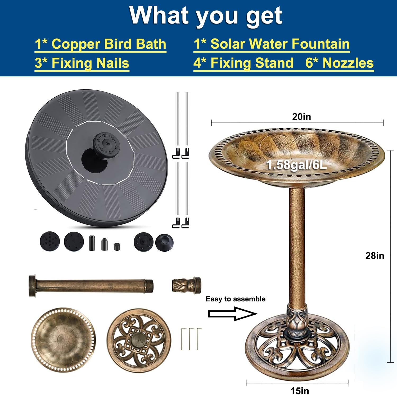 Bird Bath for Outside, Large 28 inch Tall Birdbaths for Outdoors with Solar Water Fountain, Plastic Retro Copper Bird Baths Bowl for Outdoor Garden Lawn Yard Patio Hotel Landscape Decor - Wide 20”