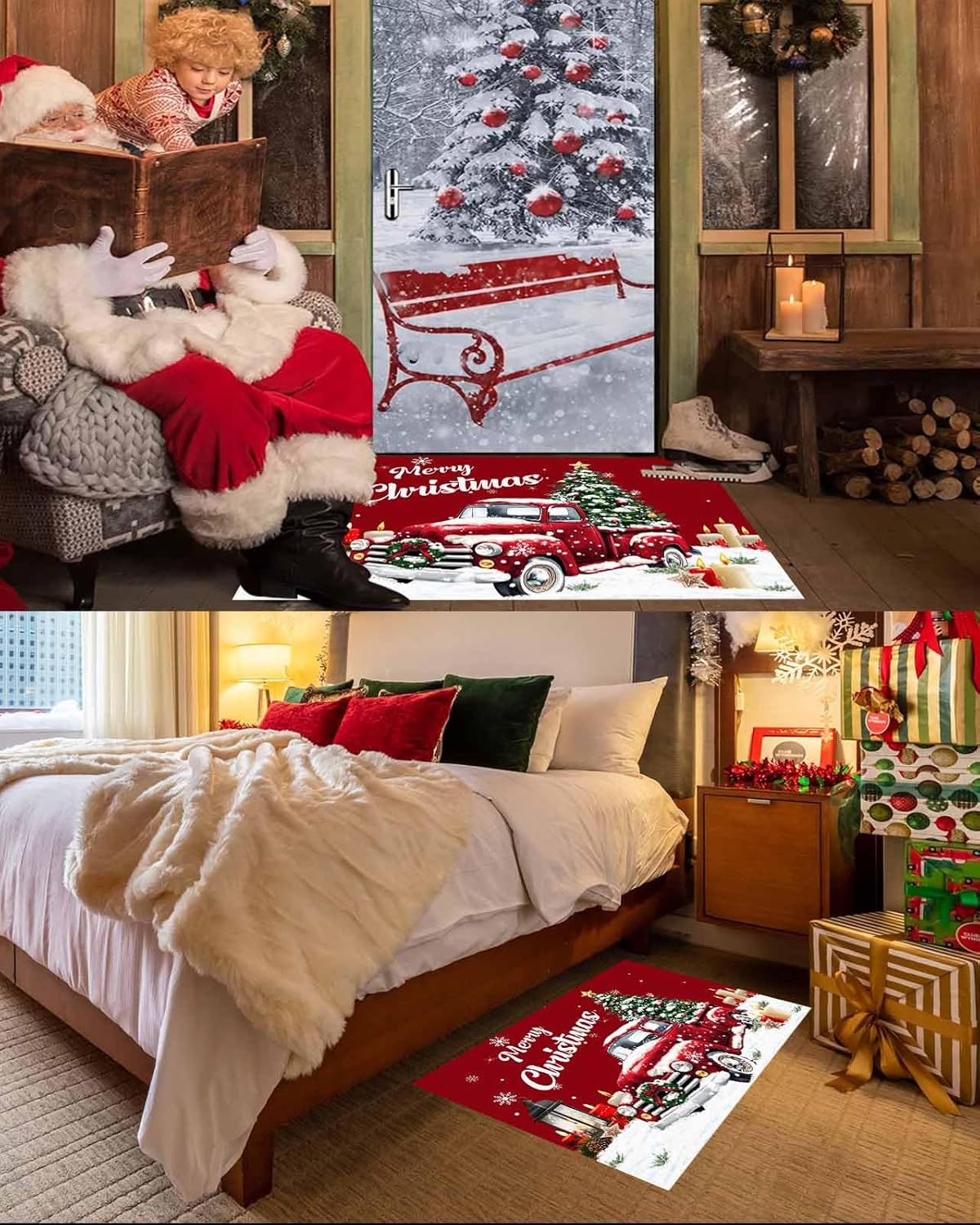 Christmas Entrance Floor Mat Truck Xmas Trees Candle Welcome Doormat Snowflake Stars Red Non Slip Entry Rugs for Bathroom Kitchen Home Front Decor 18x30inch