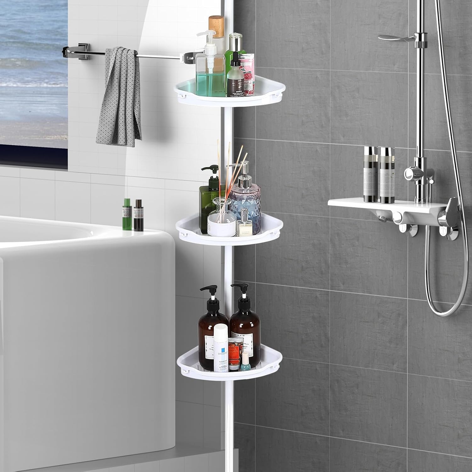 Corner Shower Caddy Tension Pole Home Tension Pole Shower Caddy with 4 Basket Shelves with Towel Bars Bathroom