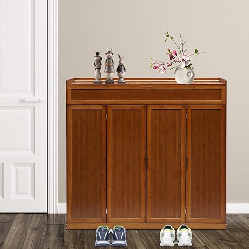 Miniatura 7 de TFCFL Armario de zapatos de bambú de 7 niveles con puertas plegables y compartimento alto para botas, organizador independiente para zapatos, para