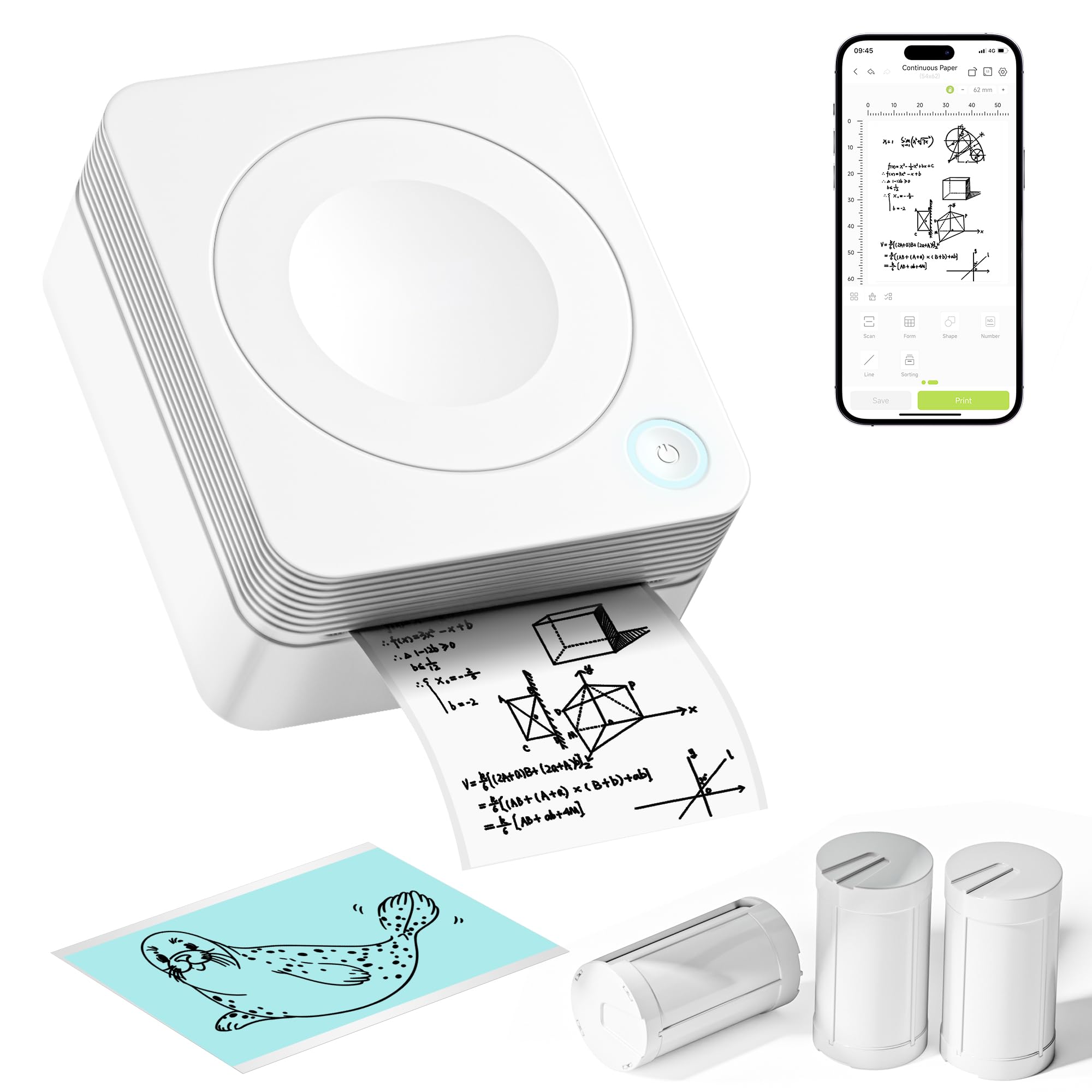Sticker Printer, PM230 Bluetooth Portable Mini Printer with 3 Rolls, for DIY Creation, Study Notes, Pictures, Receipts, List, Multiple Templates for Phone & Tablet, White