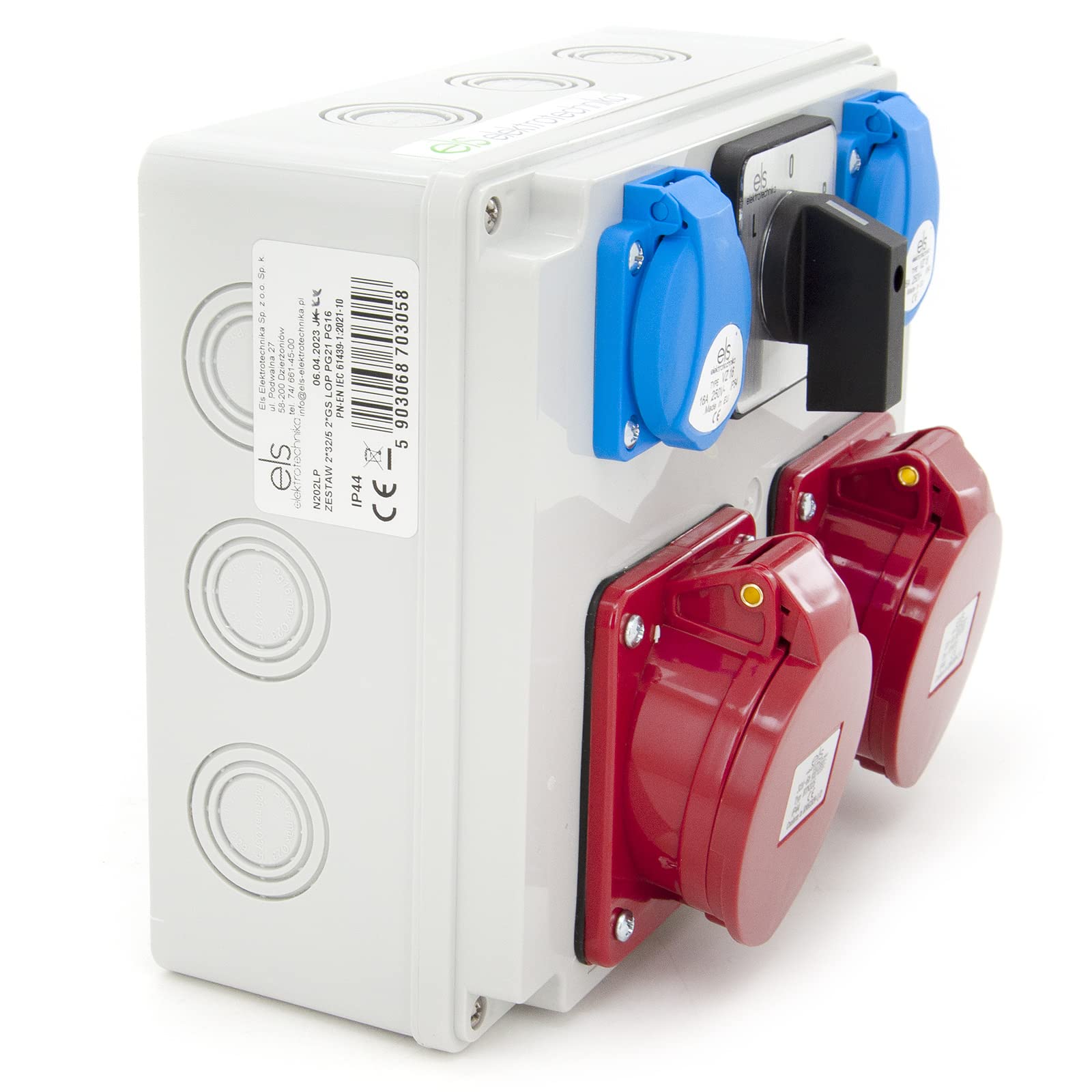 ELS Elektrotechnika Distribuidor de corriente de pared Schuko, 2 x 230 V + 2 x CEE 32 A + interruptor de leva L-0-P, cableado, listo para conectar, para obras, taller, garaje, IP44