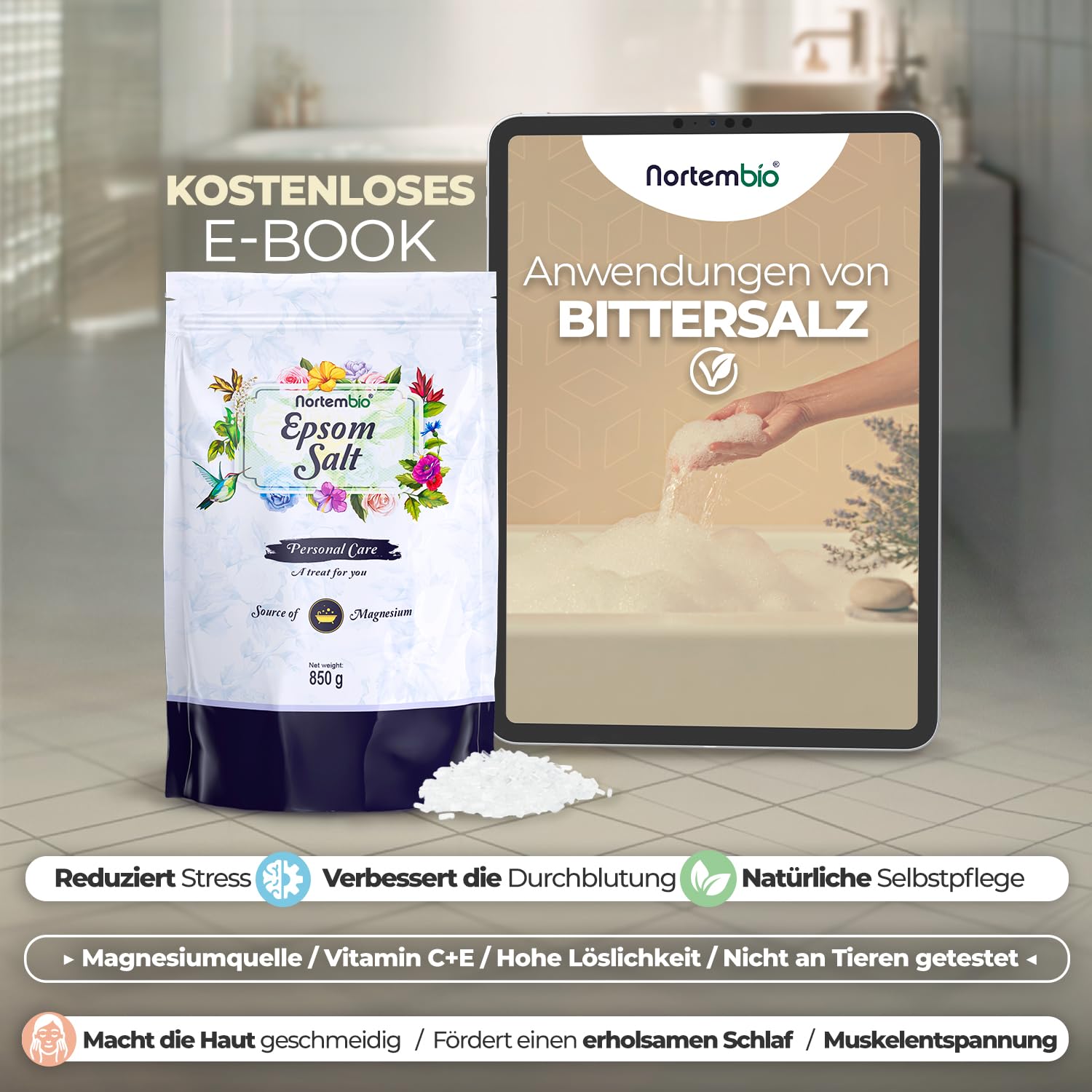 Nortembio Bittersalz, 3 kg, natürliche Magnesiumkonzentrat, 100% reines Badesalz, ohne Zusatzstoffe, Muskelentspannung und guten Schlaf. Inklusive E-Book (evtl. nicht in deutscher Sprache).