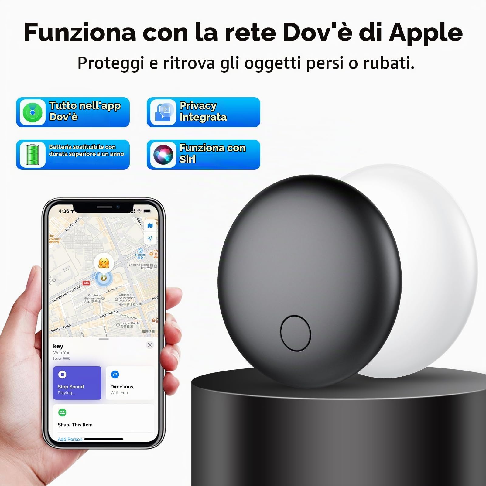 Air Tracker Tag-4 Pezzi, Smart Tag Compatibile con Apple Find My (Solo IOS), Bluetooth Localizzatore per Portafogli, Chiavi, Zaini, Bagagli, 100dB Bip, Batteria Sostituibile, IP68 impermeabile
