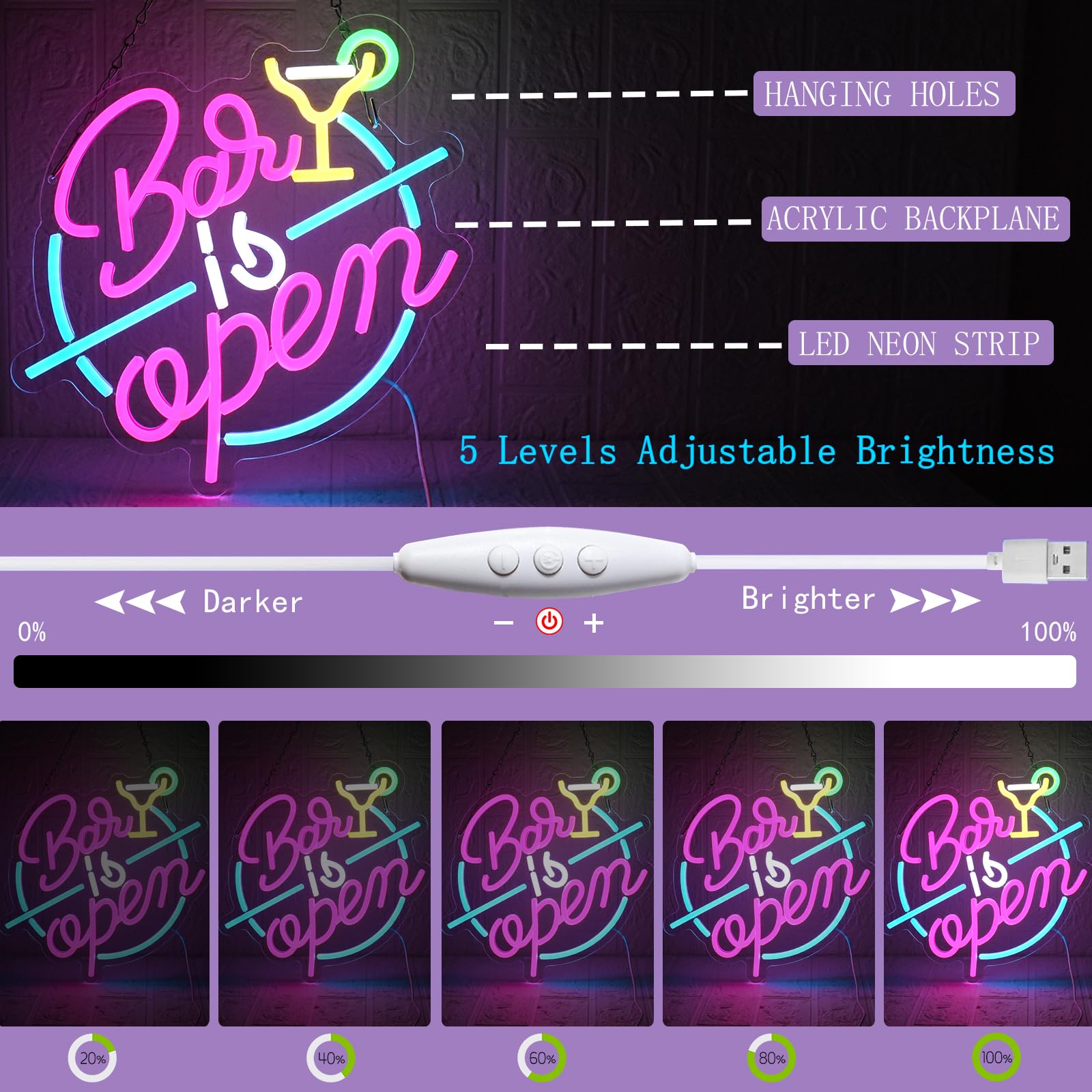 UExnkj-Y Bar Open Neon Sign Open signs USB powered LED neon light with switch, suitable for cocktail bar club, party - Image 3