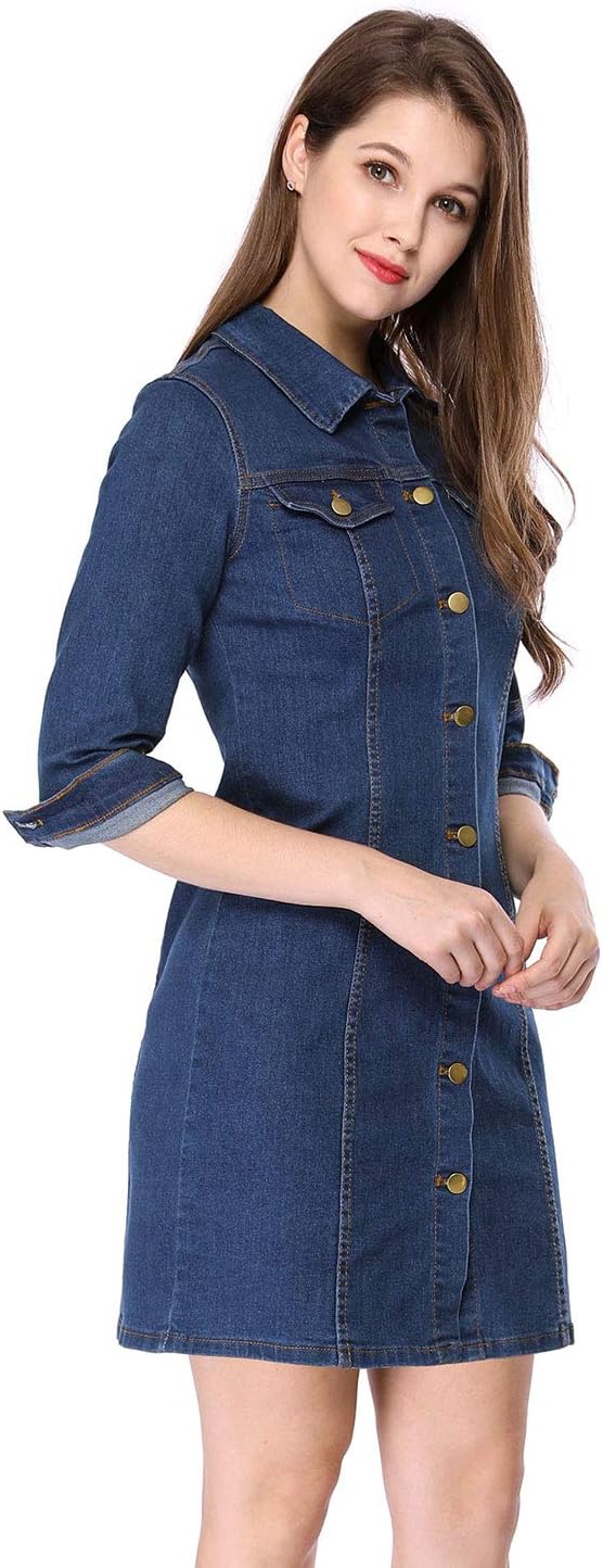 Allegra K Women's Button Down Denim Dress 3/4 Sleeve Summer 2025 Jeans Mini Dress