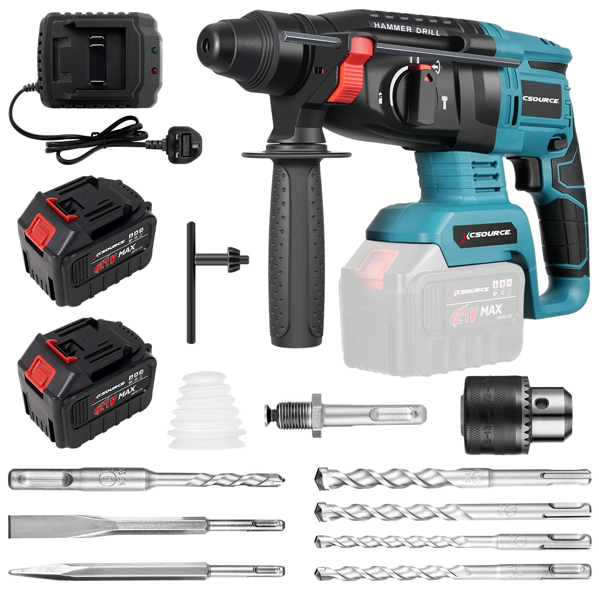 XCSOURCE Cordless Rotary Hammer Drill, Electric Impact Drill with 2 Batteries, Chisels and Drill Bits, for Concrete, Tile, Walls, Stones, Cement, and Metal