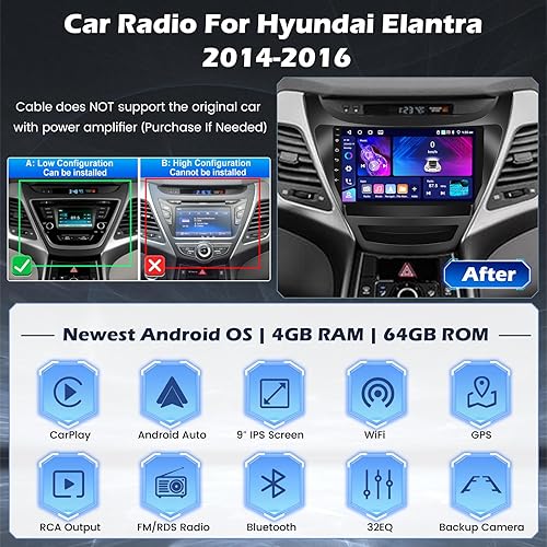 Miniatura 2 de 4+64G Android 15 Estéreo de coche para Hyundai Elantra 2014-2016, Hikity 9 pulgadas IPS pantalla táctil Radio inalámbrico Carplay Android Auto