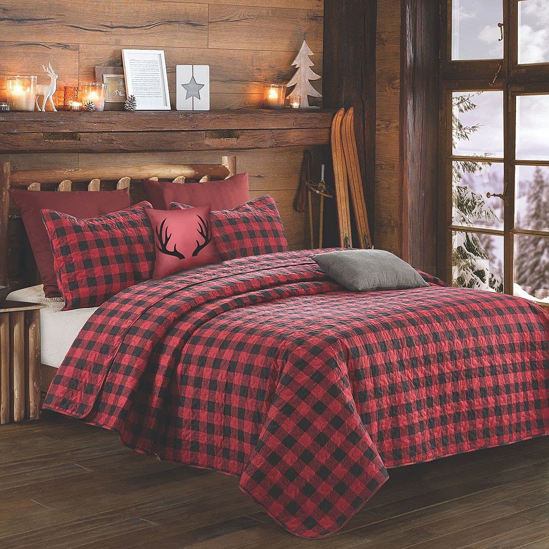 Virah Bella 3 Piece Full/Queen Lodge Quilt Bedding Set - Rustic Country Reversible Comforter Set with Decorative Pillow Shams - Red & Black Plaid