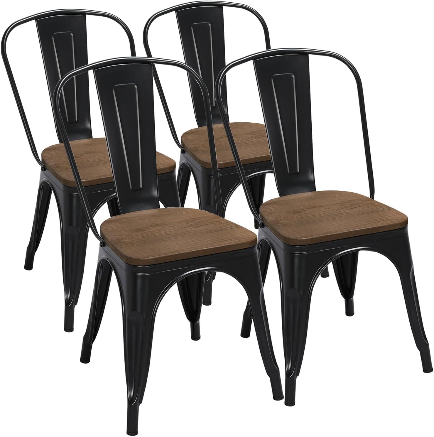 Yaheetech Metal Dining Chairs Set of 4, Stackable Kitchen Chairs, Black | Patio Chairs with Wood Seat, Iron Frame Metal Chairs 330 lb Capacity for Dining Room/Restaurant/Bistro, Indoor & Outdoor