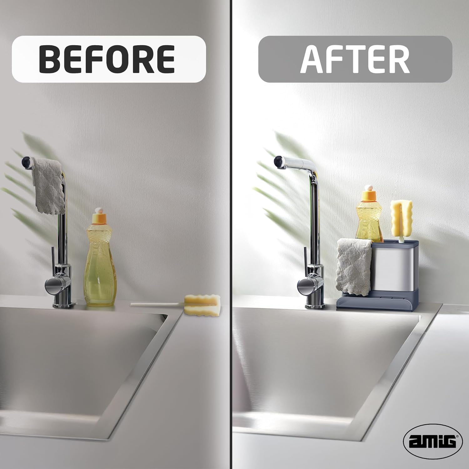 Amig - Noxi Sink Organizer - 15.5 x 11.5 x 18 cm - Stainless Steel and Durable Plastic - Grey - Sponge Holder, Brush and Detergent Holder with Removable Tray