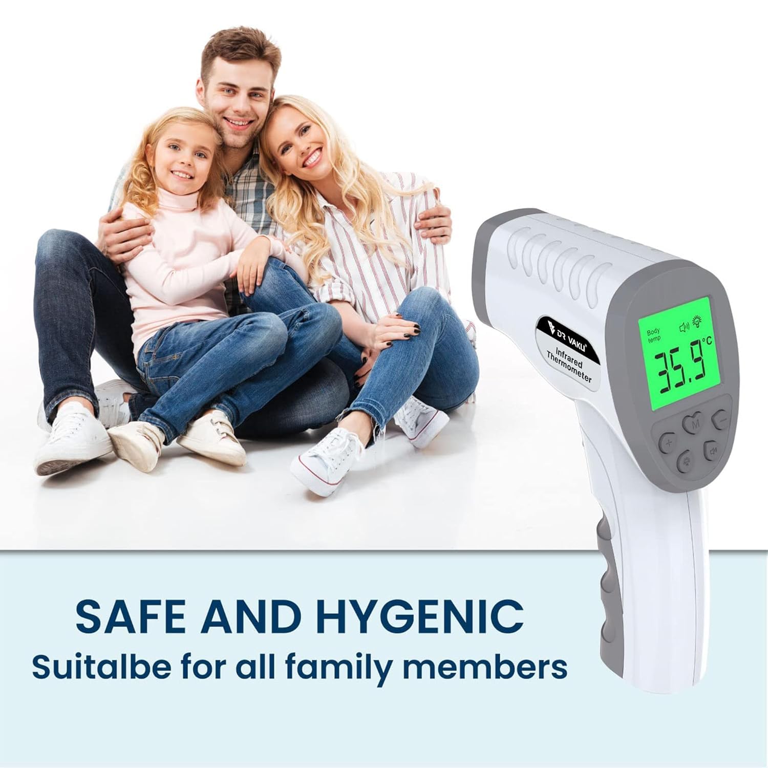 DR VAKU® Infrared Digital Thermometer For Adults and Kids Non-Contact Laser Infrared Thermometer Temperature Gun LCD Display Ideal for Whole Family & Babies [Battery Included] - Grey - Image 4 thumbnail