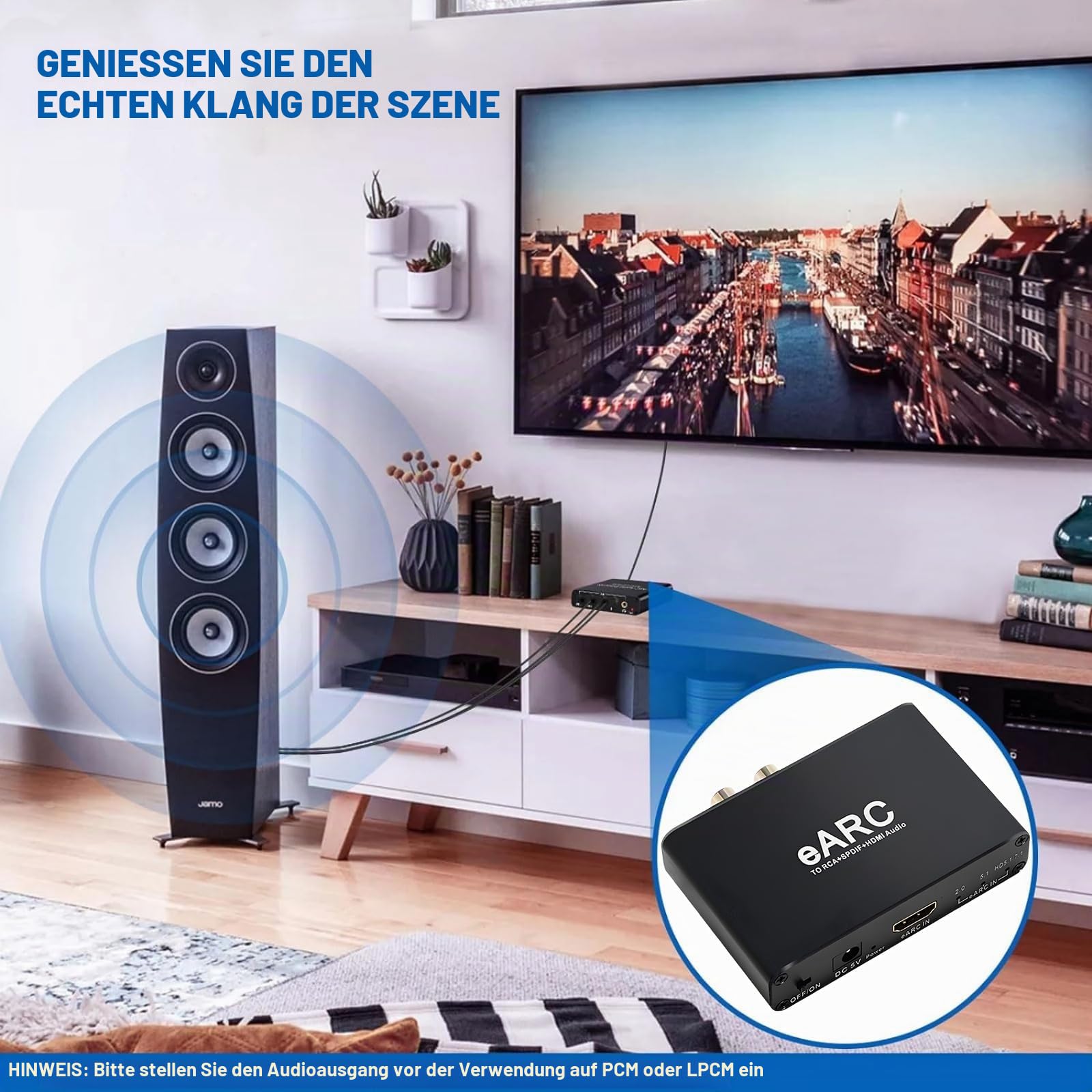 HDMI Audio Extraktor mit eARC – 24-Bit/192 kHz DAC, 5.1/7.1-Kanal zu Optical/RCA/3.5mm für TV/Soundbar (ARC unterstützt)
