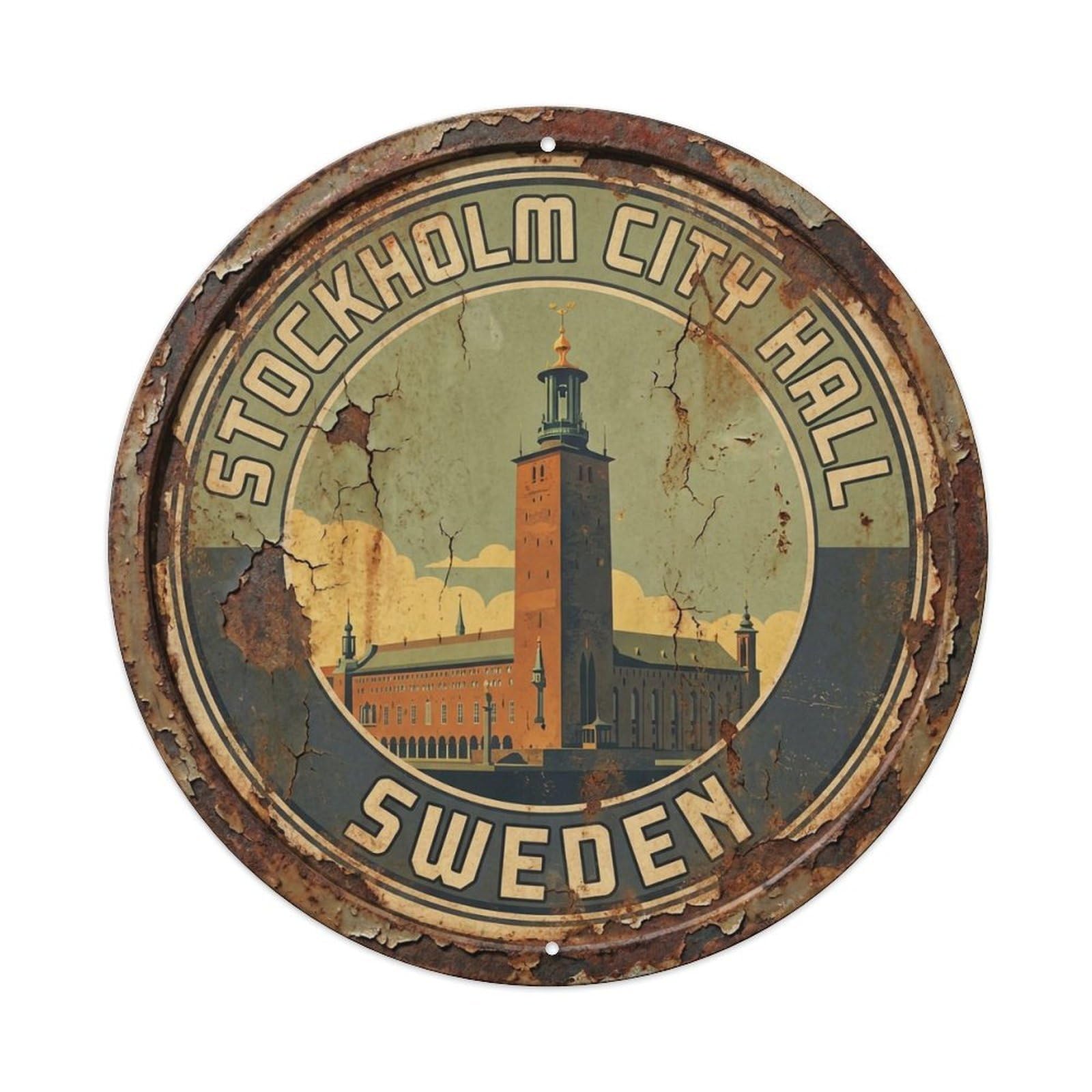 Okahys 8X8inch(20X20cm) Vintage Travel City Hall Sweden Tower Metal Tin Sign