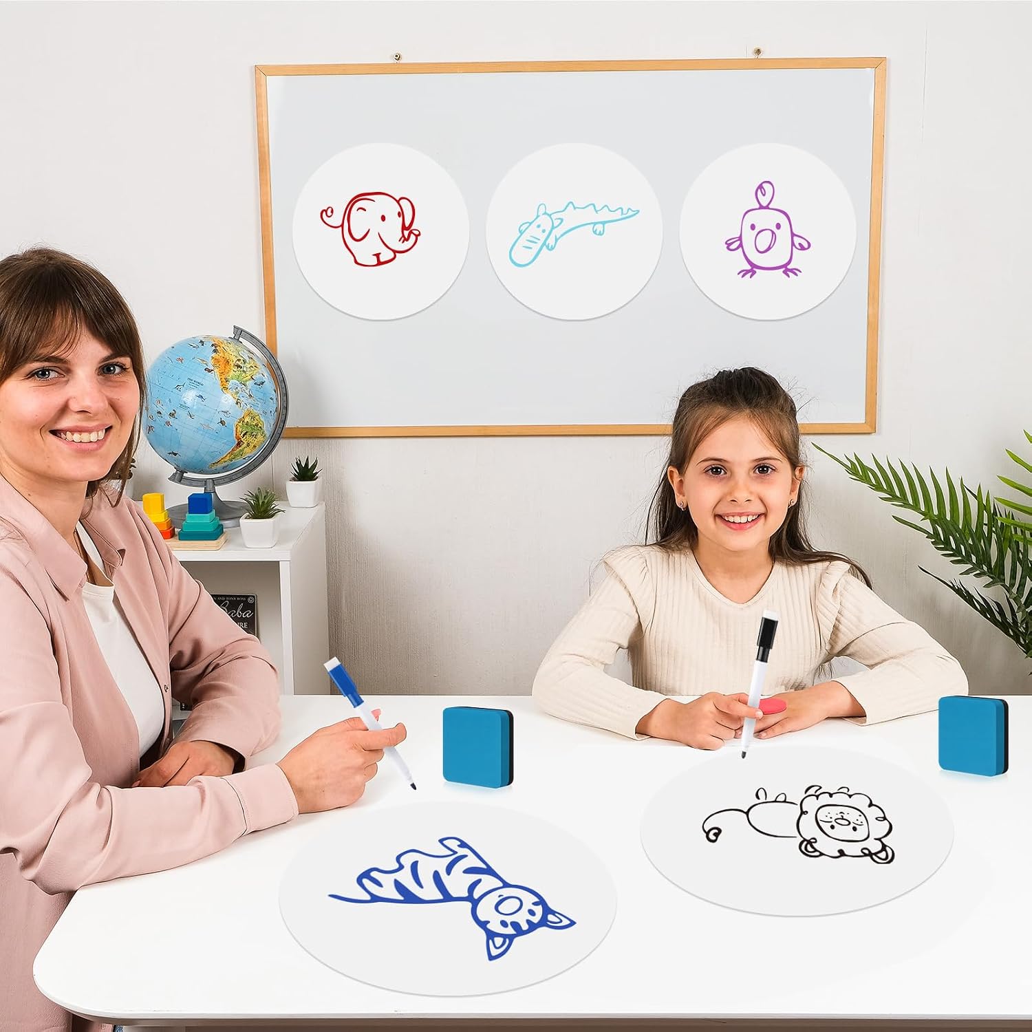 54 Pcs Dry Erase Dots Circles 11 Inch Removable Stickers Spots Wall Decals Magnetic Whiteboard Erasers Whiteboard Markers Set for School Classroom Teachers Students Table Desk(Blue,White)