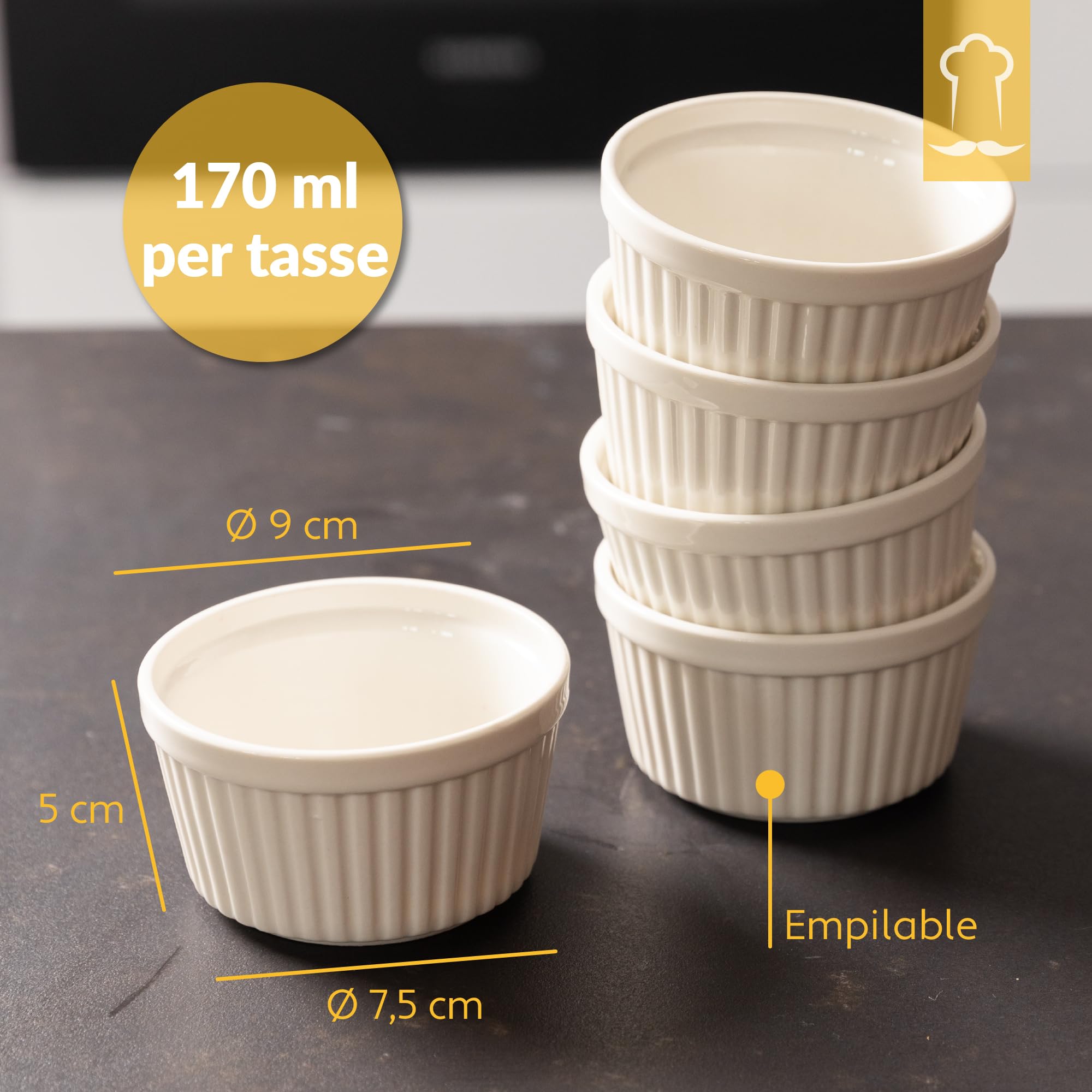 Chefarone Soufflé Lot de 10, Ramequins en Céramique pour la Cuisson et Présentation, 200 Ml Blanc (9 X 7,5 X 5cm)