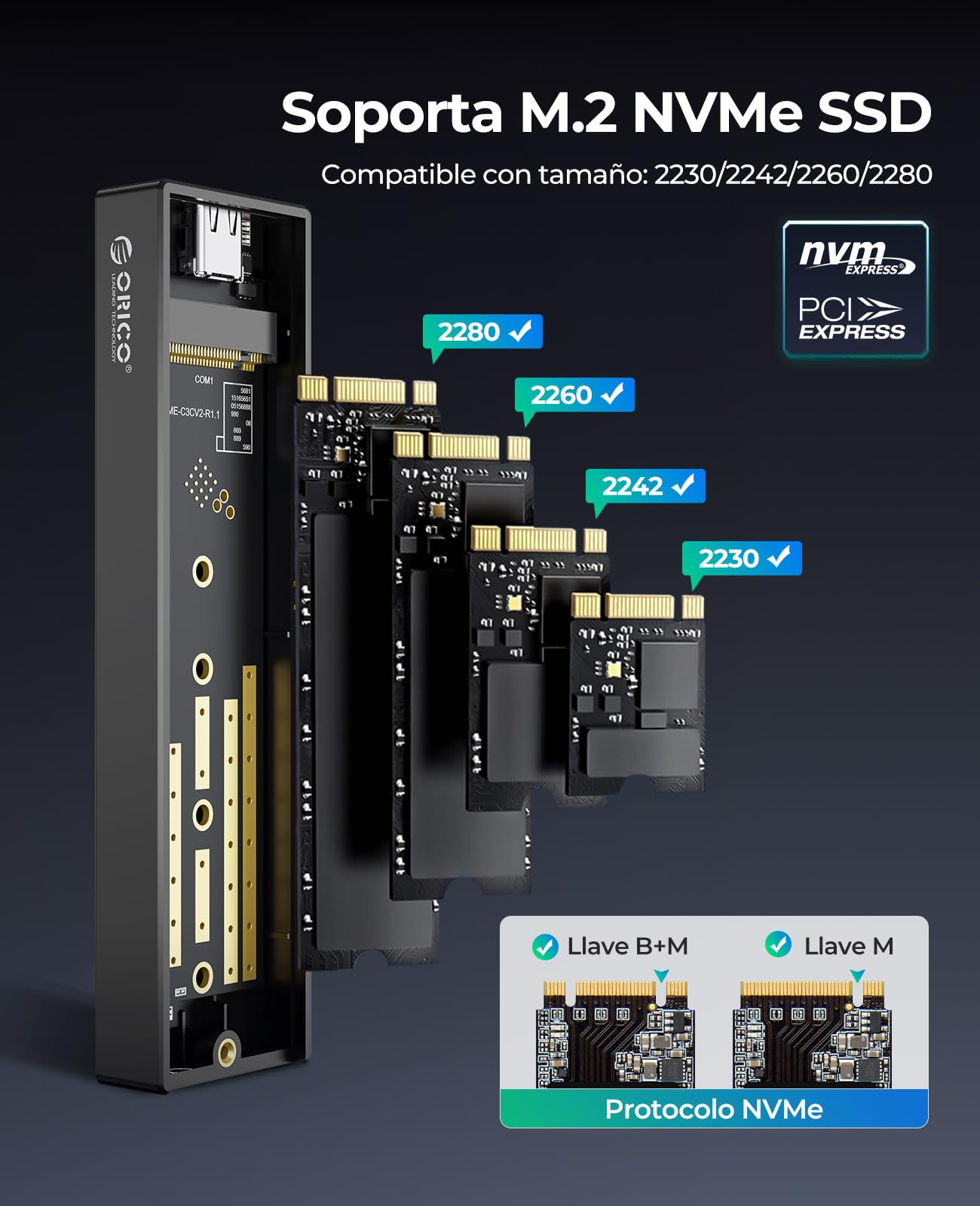 ORICO Carcasa SSD M.2 NVMe, Adaptador Externo USB C USB 3.2 Gen2 10Gpbs a M.2 PCIe Caja para Discos Duros 2230/2242/2260/2280 M-Key, con UASP-M2PV