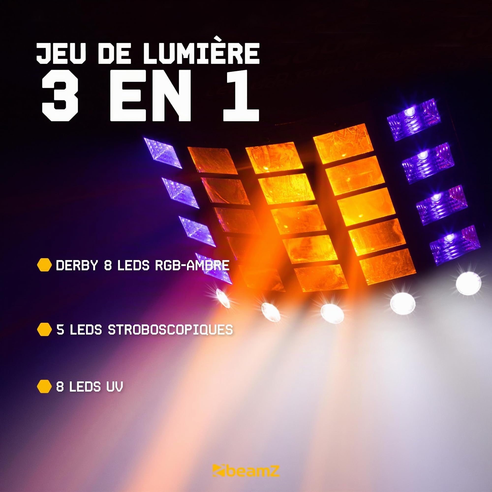 BeamZ Gobo Derby avec UV et Stroboscope, DJ Light Effect, Shows Préprogrammés, Jeu de Lumières LED, Lumière Noire/UV, Télécommande, Multicolor, Plafond/Mur, Rotation Automatique/Rythmée