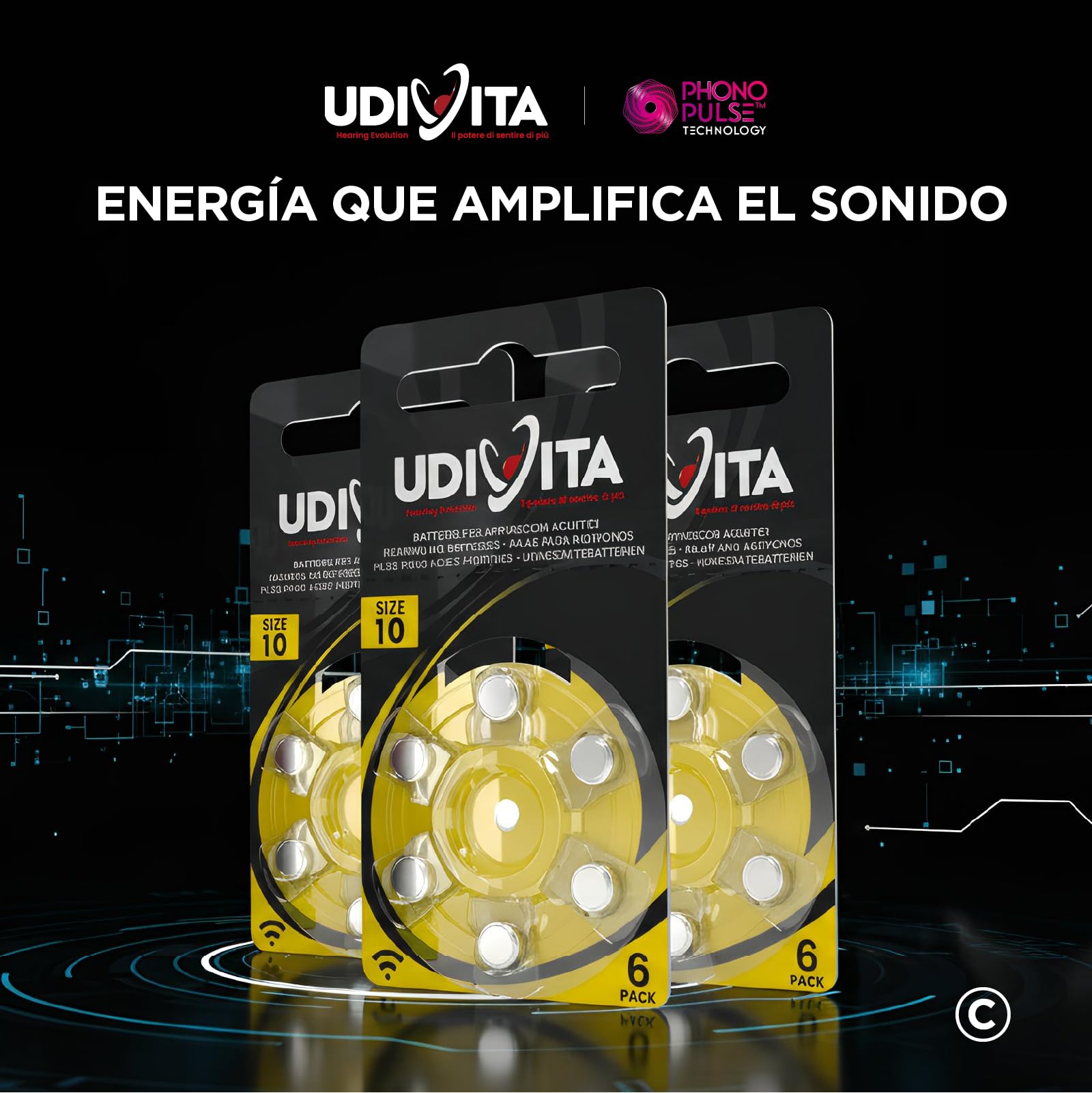 120 Pilas para Audífonos Udivita Sin Mercurio Tamaño 10 Tecnología Phono Pulse - 20 Blísteres de 6 Pilas