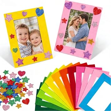 24 Pack Colorful Felt Picture Frames & 50-Pack Glitter Foam Stickers, 4.7x2.8 Inch Small Photo Frames for Holiday Craft, Home and Office Decoration
