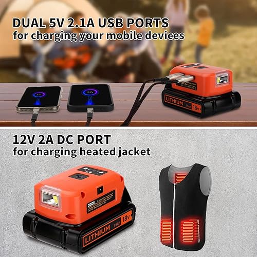 Miniatura 5 de Cargador adaptador de batería para batería Black & Decker de iones de litio de 20 V, fuente de alimentación con luz LED de 3 W 140 LM, 2 puertos