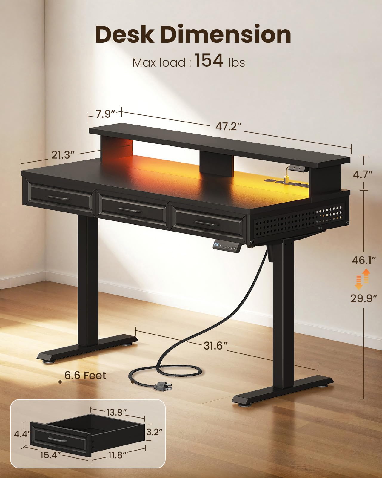 OffiGo Electric Standing Desk with 3 Wooden Drawers 48 Inch Height Adjustable Desk with Power Outlets LED Lights — view 3