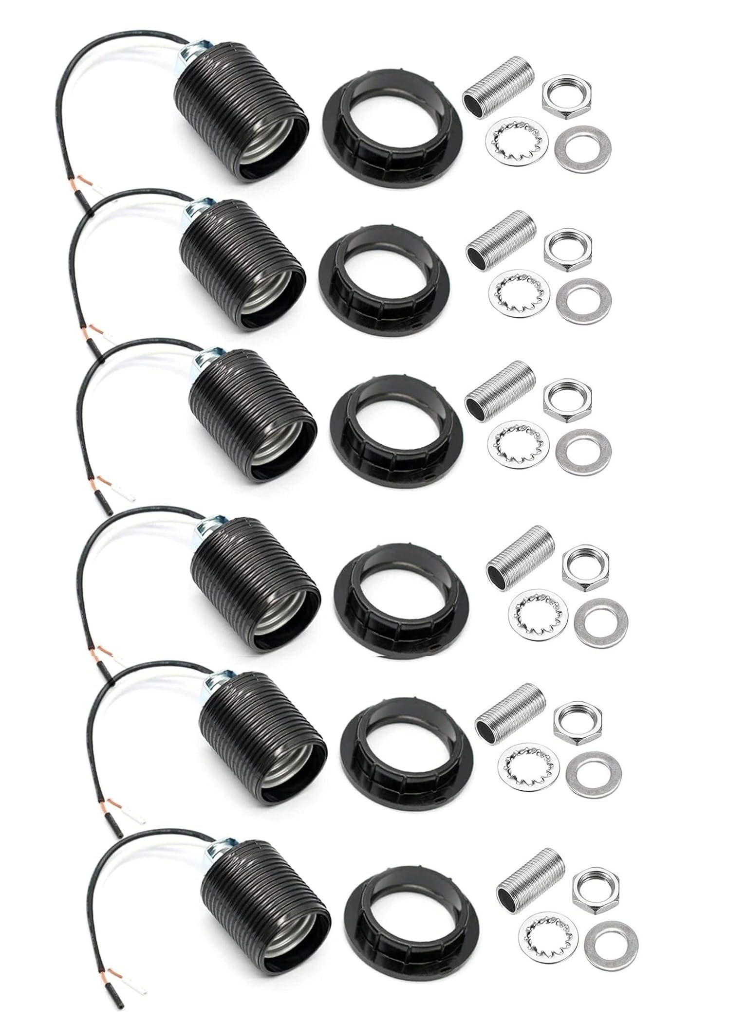 VRCT E26 E27 Light Socket,Bakelite Threaded Medium Base Lamp Holder with Shade Ring,Phenolic Medium Base E26 Fixture Socket with 6" Wire Lead for Incandescent Led Light Bulbs Replacement (6)