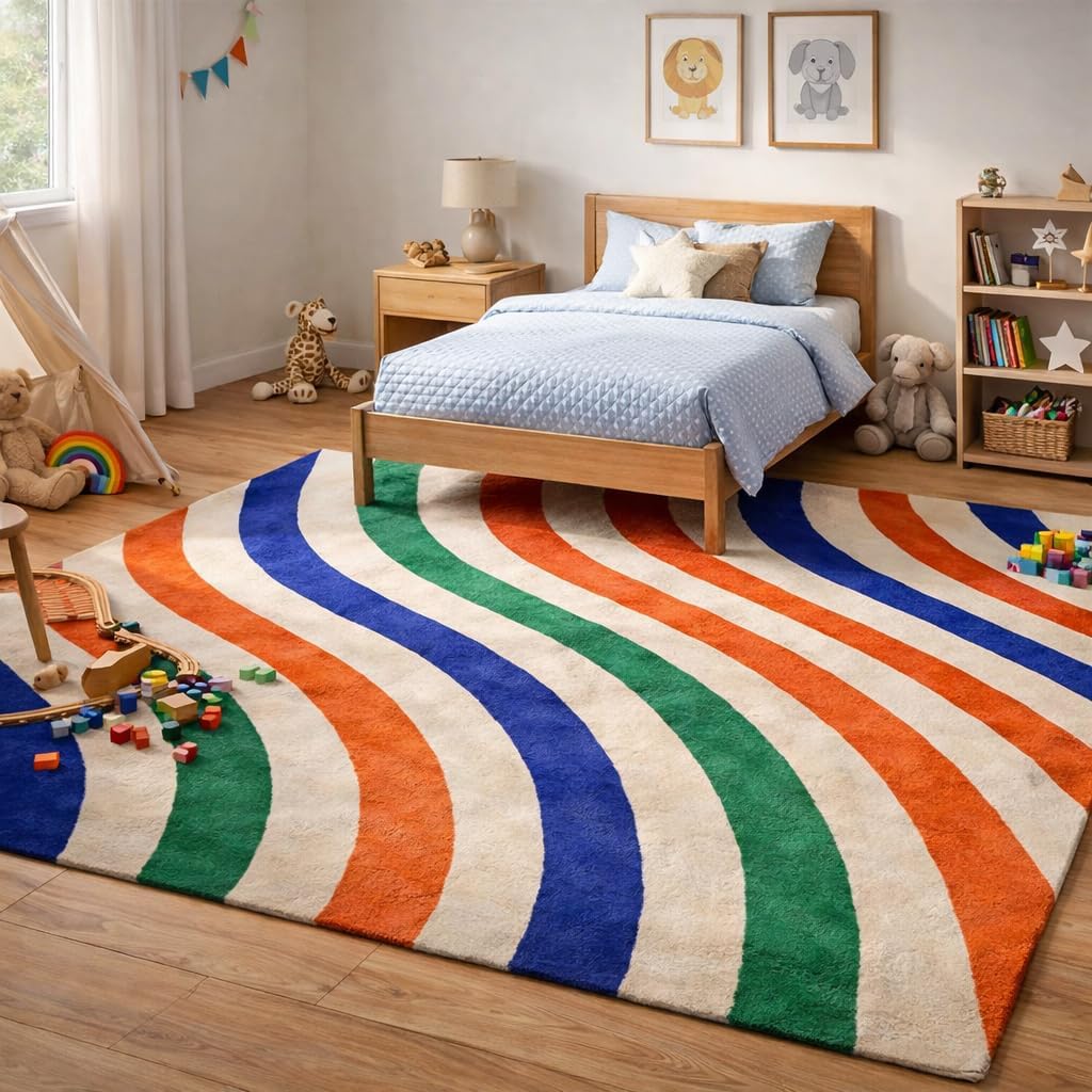 Handmade Wool Area Rug, Hand-Tufted Multicolor Wave Design for Living Room, Bedroom & Dining – 7x10, 6x9, 8x10, 9x12 Sizes