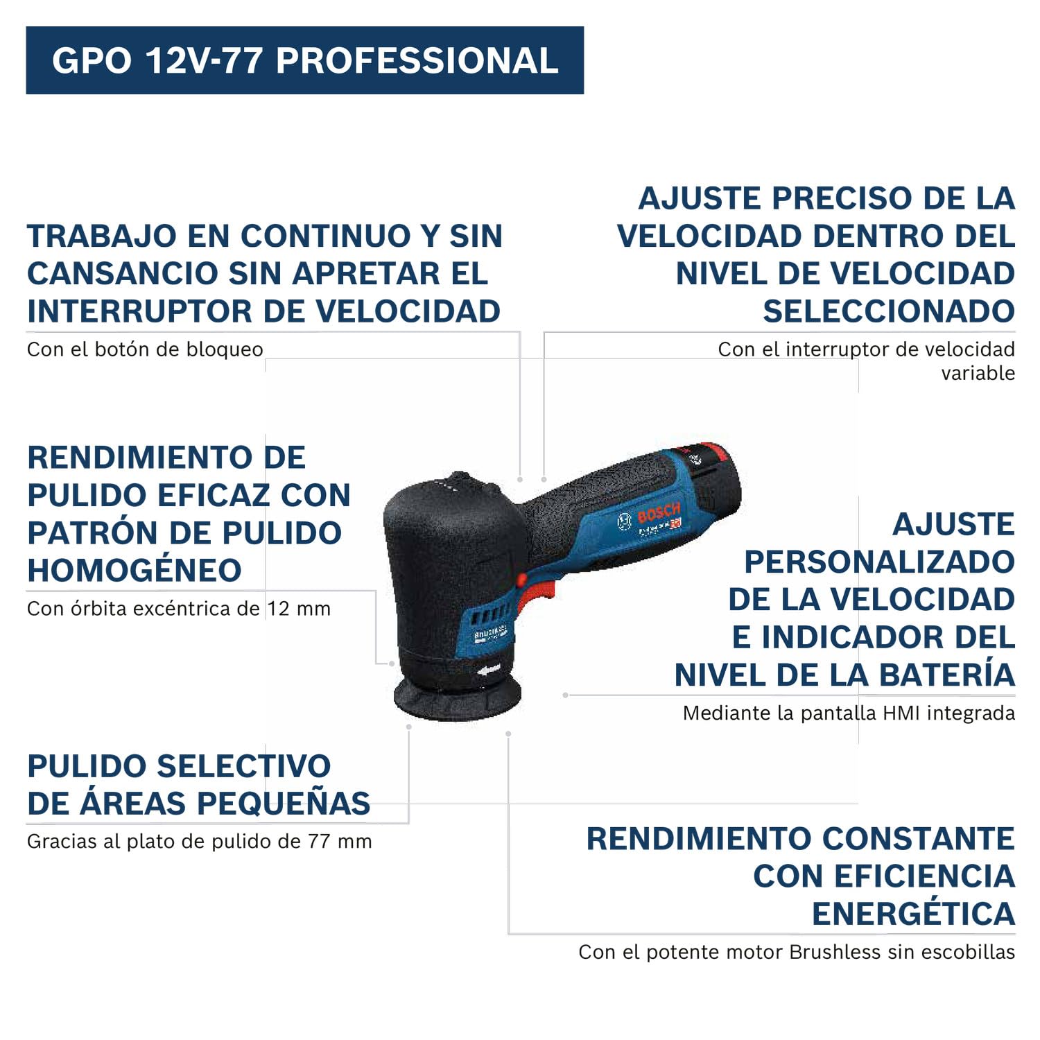 Bosch PRO 12V System pulidora a batería GPO 12V-77 (incl. plato de caucho montado con cierre por contacto de 77 mm, plato de espuma de corte y pulido de 77 mm)