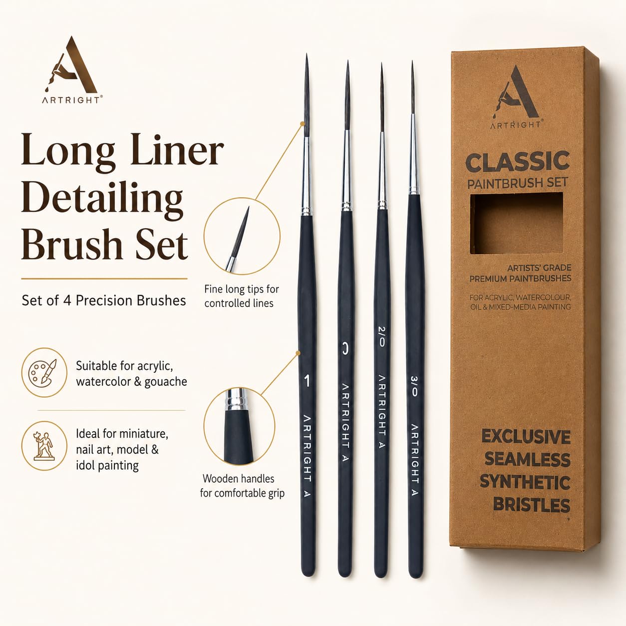 ArtRight Long Liner Detailing Brush Set of 4 - Professional Artist Painting Brush Set for Acrylic, Miniature, Nail Art, Model, Idol Painting (Set of 4 Paintbrush Wood) 1