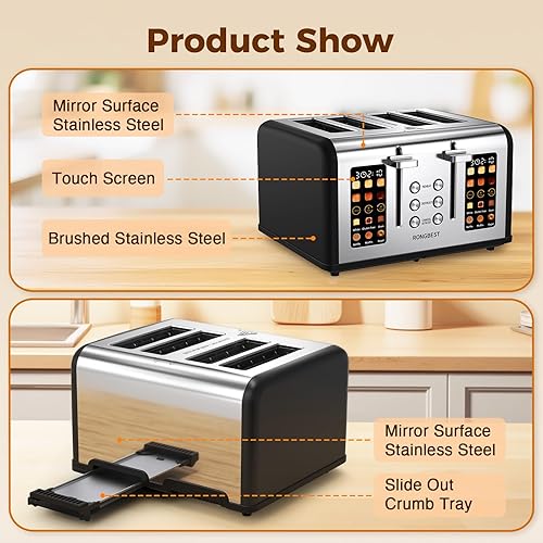Miniatura 9 de Tostadora de pantalla táctil de 4 rebanadas, tostadora de acero inoxidable con ranuras anchas para bagels y pan, funciones de
