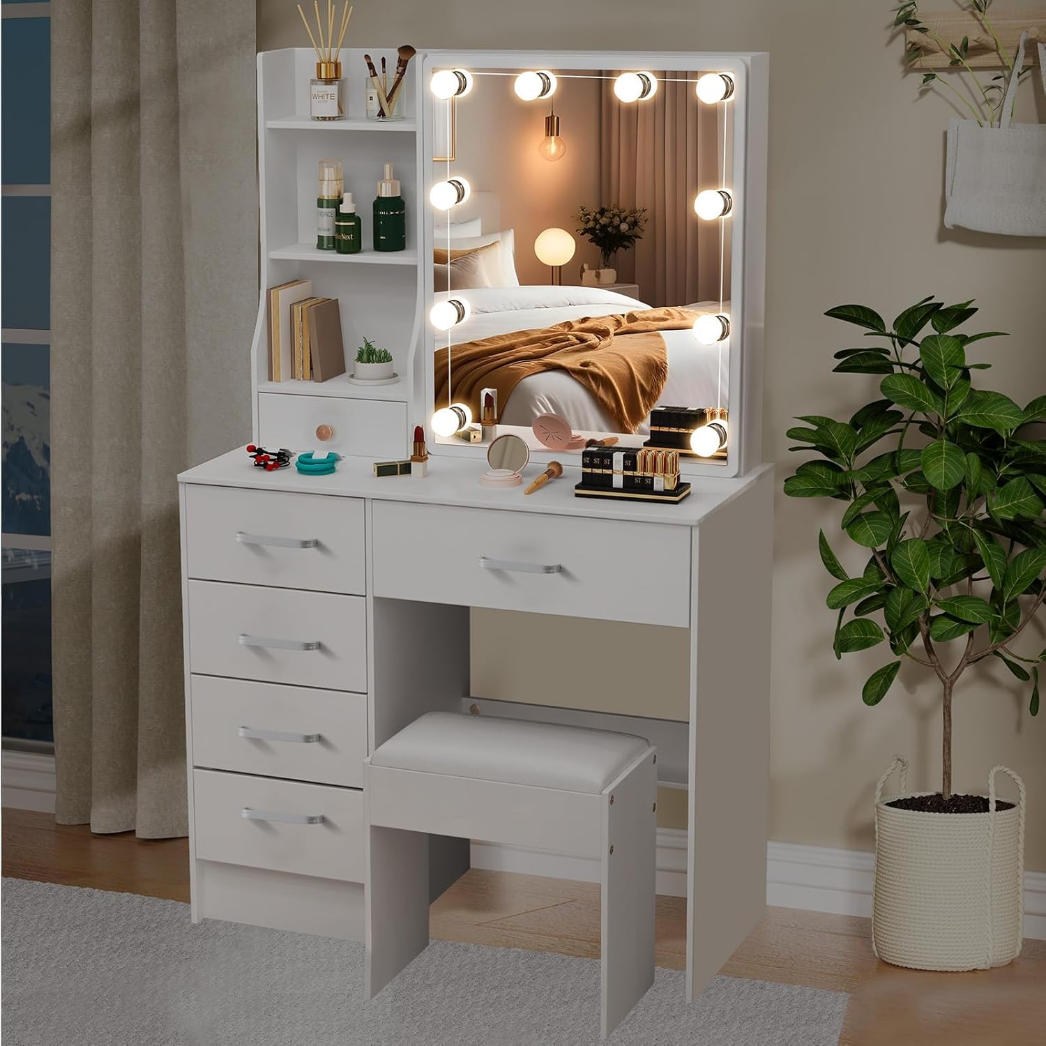 Vanity Desk with Sliding Mirror and Lights, 32 Inch Makeup Vanity Set with 6 Drawers & Storage Shelves, White Vanity Table with LED Lighted Mirror and Chair for Bedroom for Girls Women White-07
