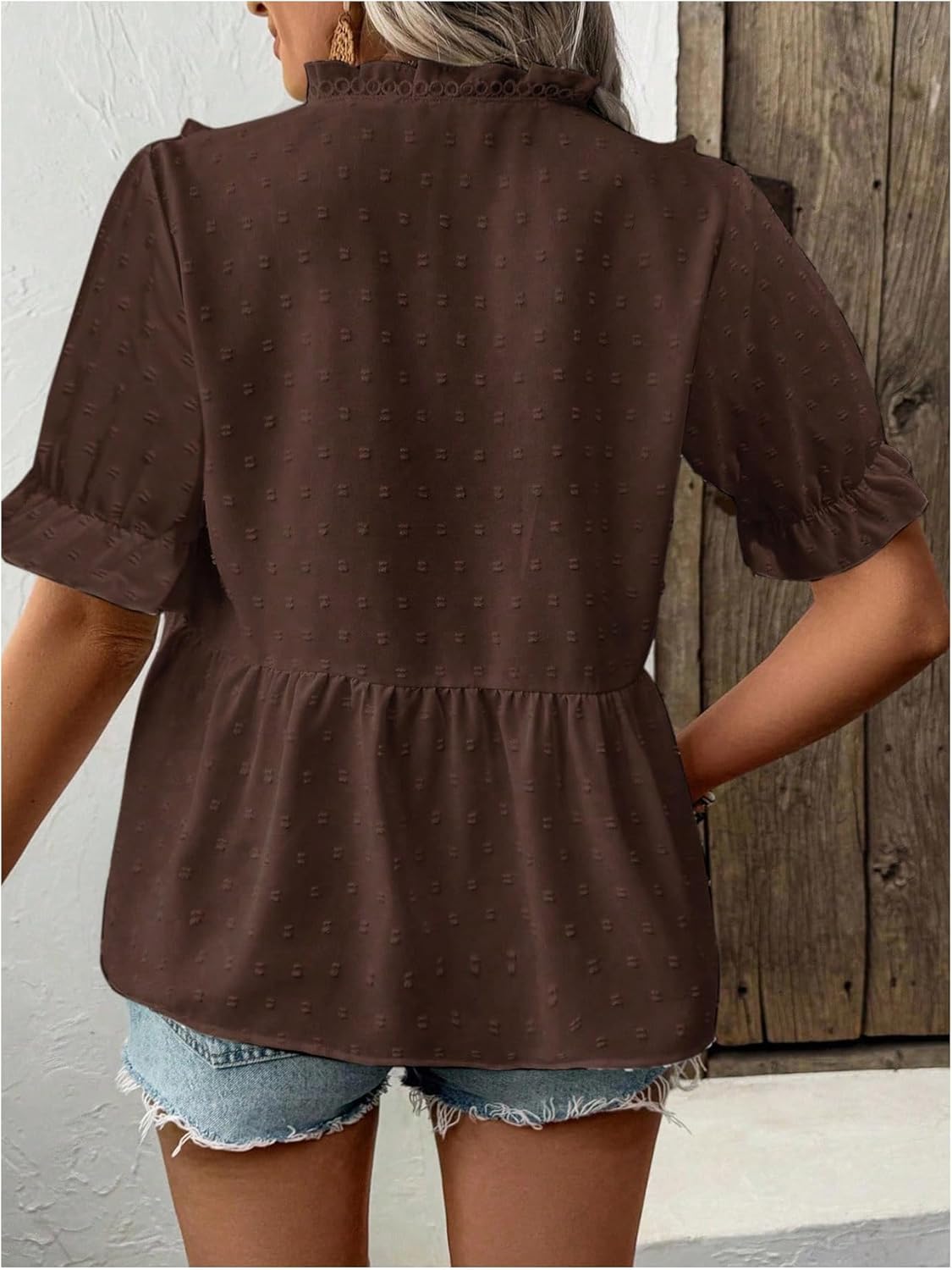 SweatyRocks Women's Plus Size Short Sleeve Peplum Blouse Frilled V Neck Swiss Dots Tops - Image 2