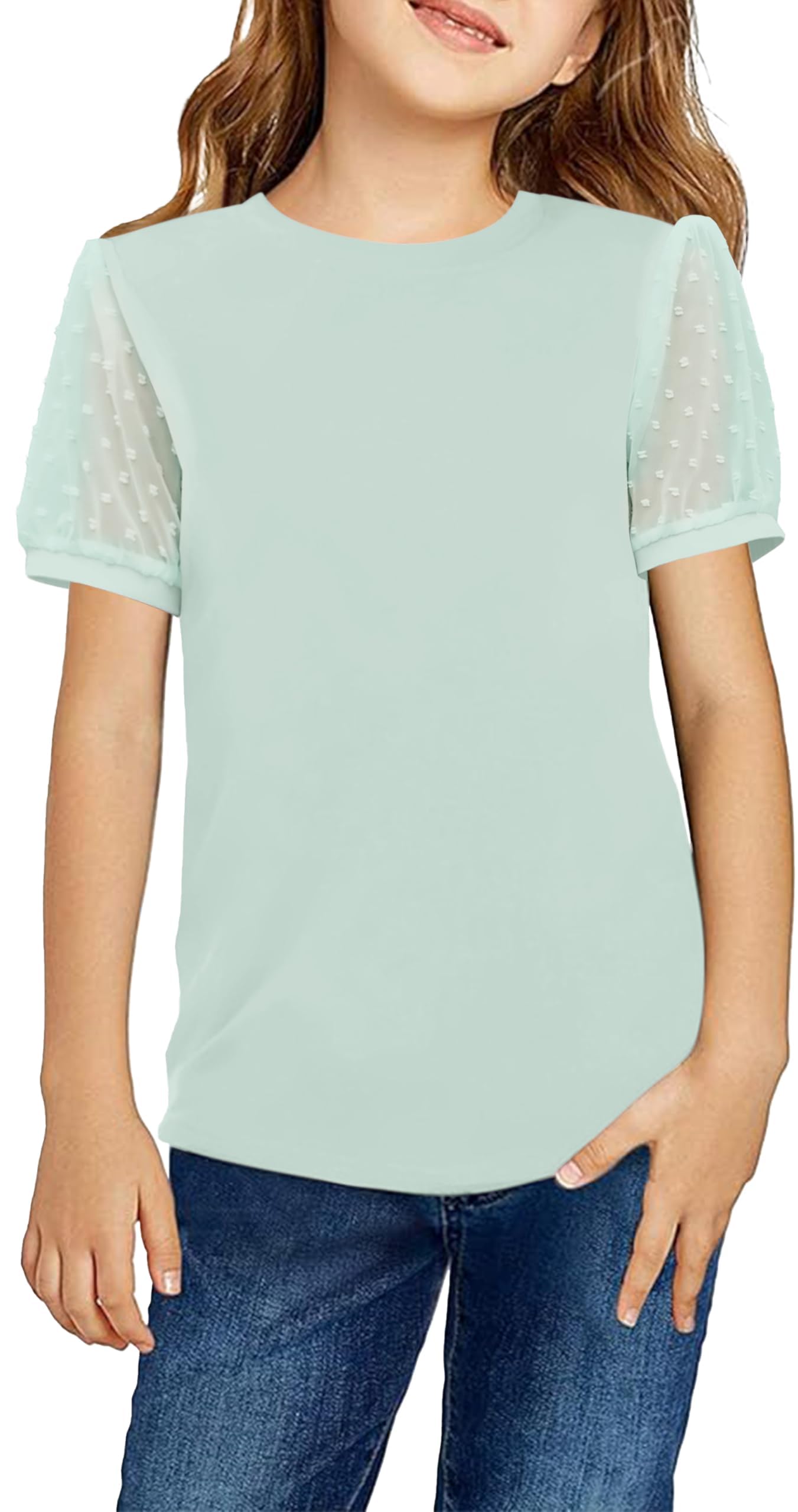 Arshiner Dziewczęcy T-shirt z szyfonu, rękawy, na lato, bawełna, na czas wolny, elegancka, z krótkim rękawem, modna koszulka z okrągłym dekoltem, wygodna górna część, basic, dla dziewczynek w wieku 5