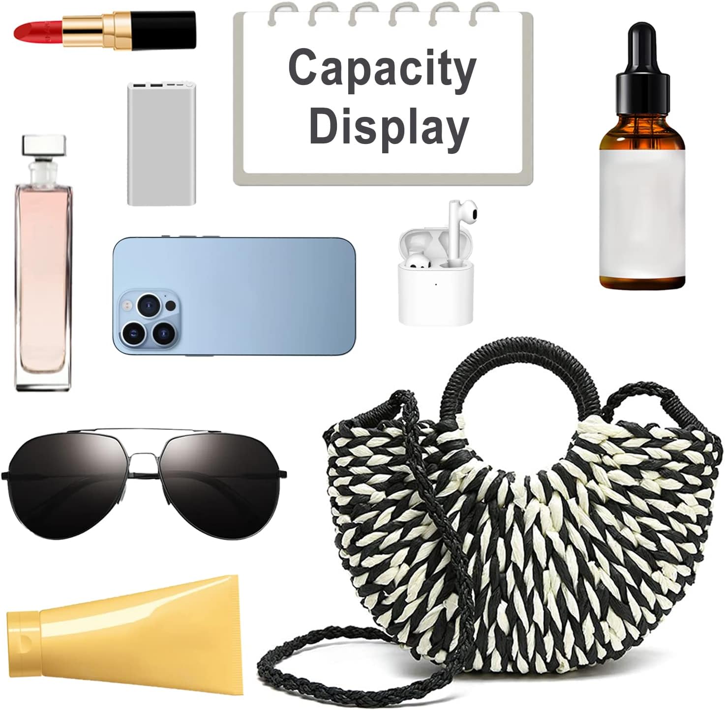 Women Summer Retro Straw Tote Bag Hand-woven Boho Shoulder Bag Crossbody Bag Round Handle Beach Handbags (Black) - Image 5