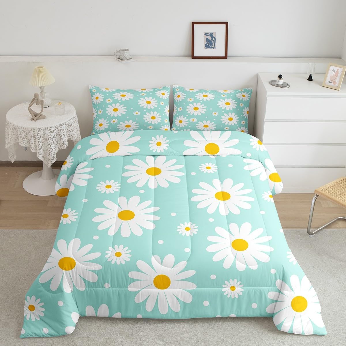 Erosebridal Teal Floral Comforter Set Cute Daisy Girly Bedding Set Garden Plants Cartoon Flowers Comforter Twin Size for Kids Teen Adults,Modern Aesthetic Decor Bed Set 1 Pillow Case