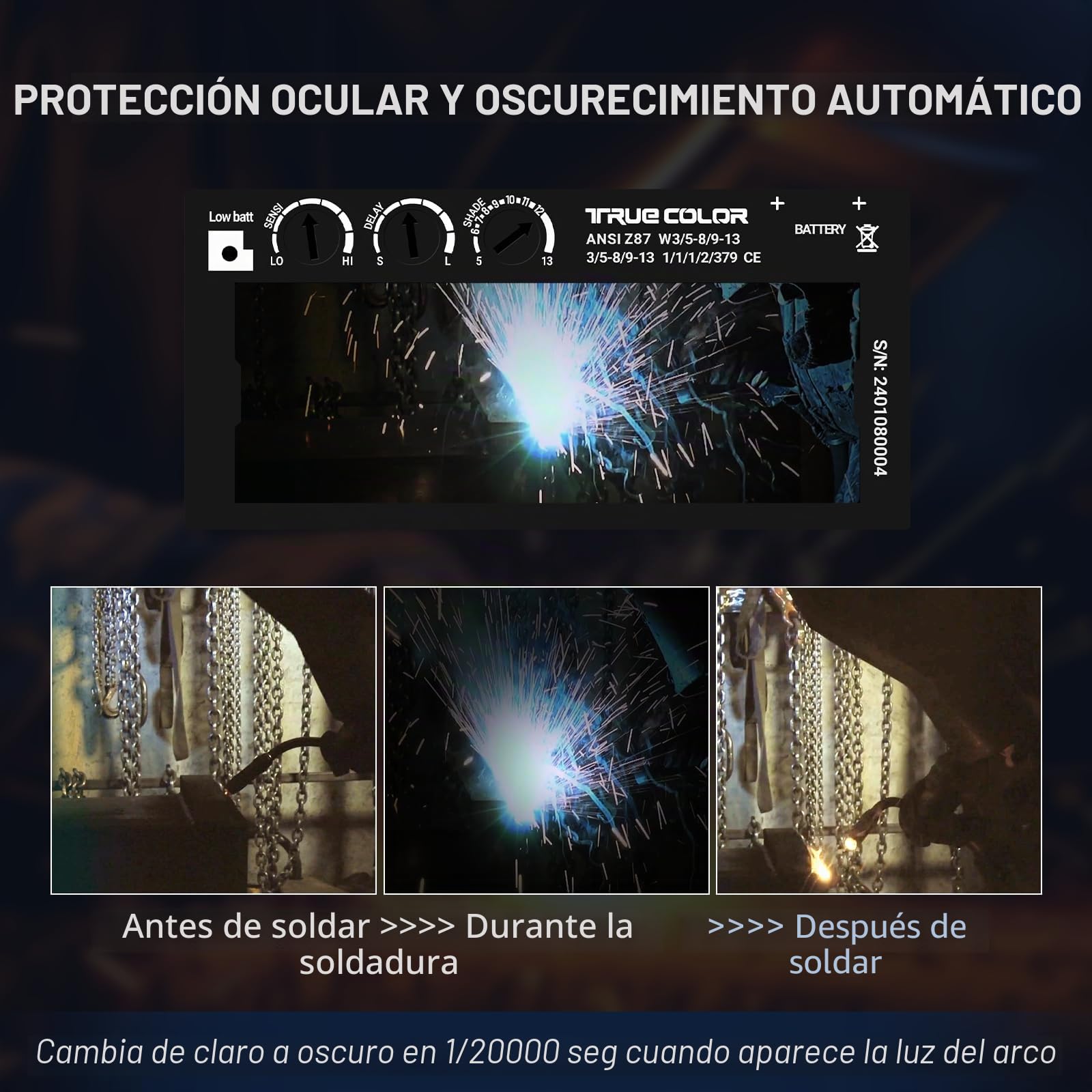 【Tono 5-13】 Lente de soldadura ajustable de oscurecimiento automático de 2 x 4 1/4, lente de soldadura de energía solar, lente de soldadura azul de color verdadero, lente de soldadura de repuesto para