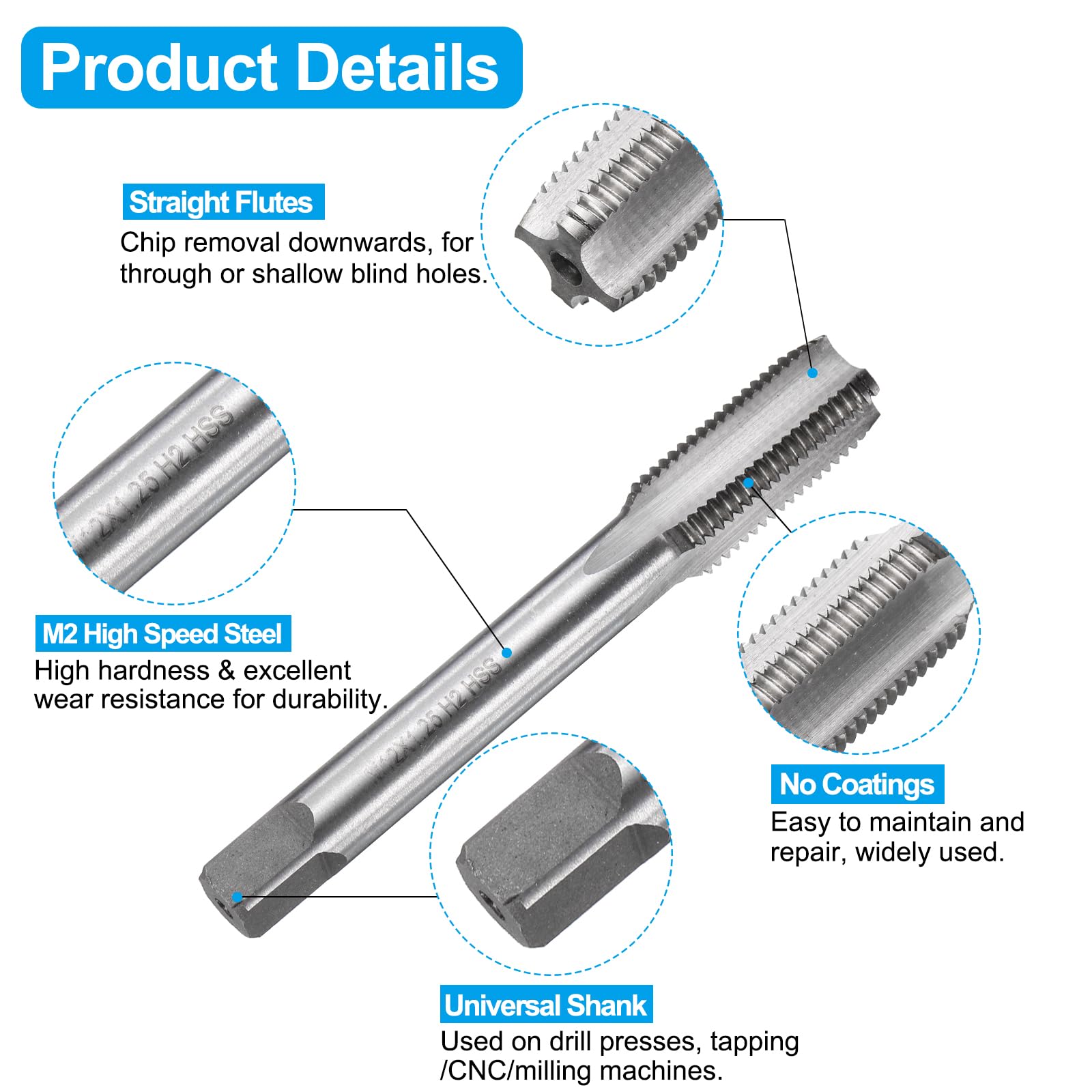 Set di maschi e punte da trapano, 1 maschio per filettatura metrica a scanalatura dritta M12 x 1,25 e 1 punta elicoidale da 10,8 mm, kit di utensili per filettatura HSS-6542 non rivestiti/rivestiti
