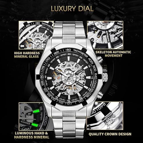 Miniatura 4 de Relojes para hombre esqueleto mecánico de acero inoxidable impermeable automático de cuerda automática para hombre reloj de pulsera Steampunk de