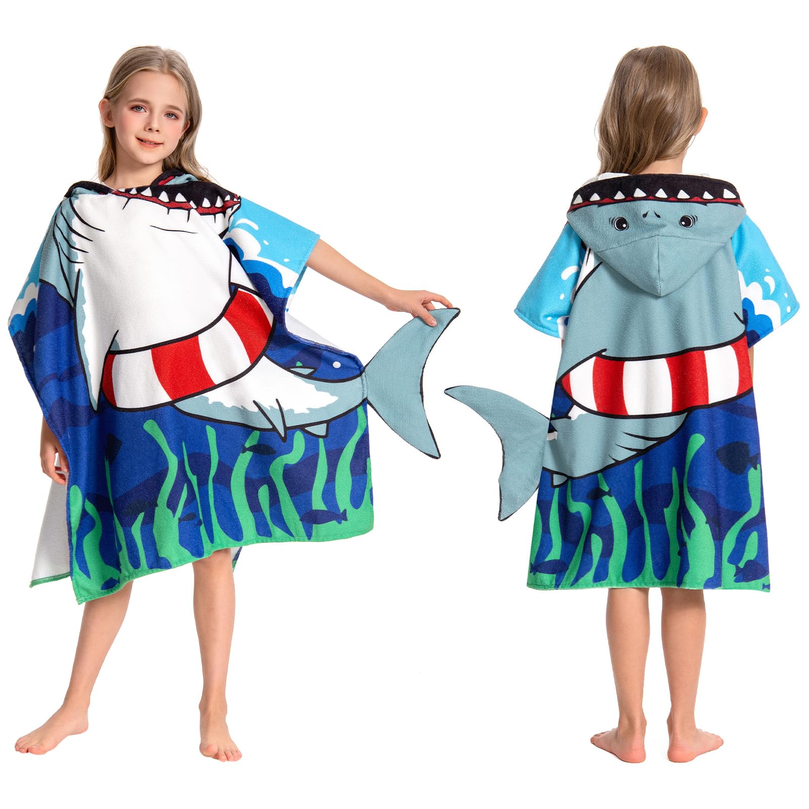 OLAOLA Kids Poncho Towel Hooded Beach Changing Robe Children Absorbent Bath Towels Swimming Wrap for Boys Girls 3-12 Years