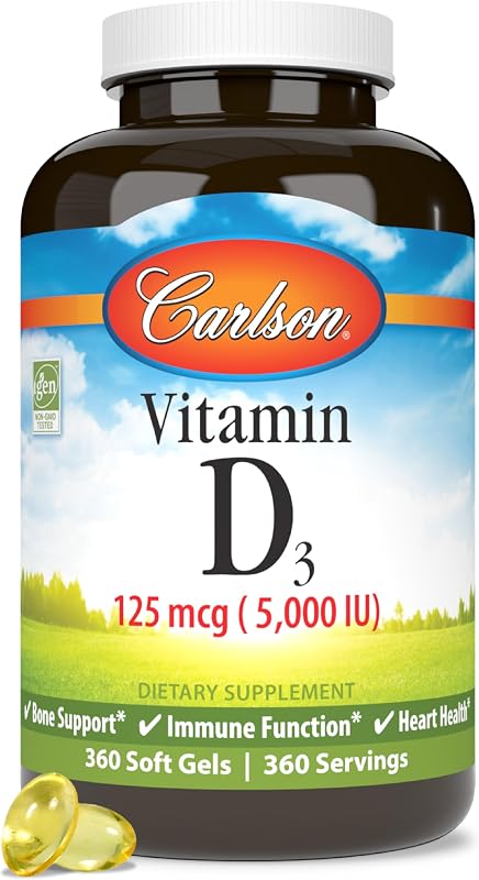 Carlson Vitamin D3 5000 IU (125 mcg), Bone Health, 360 Softgels | Muscle Health; Cholecalciferol; Vitamin D Supplements; Vitamin D3 Soft Gels