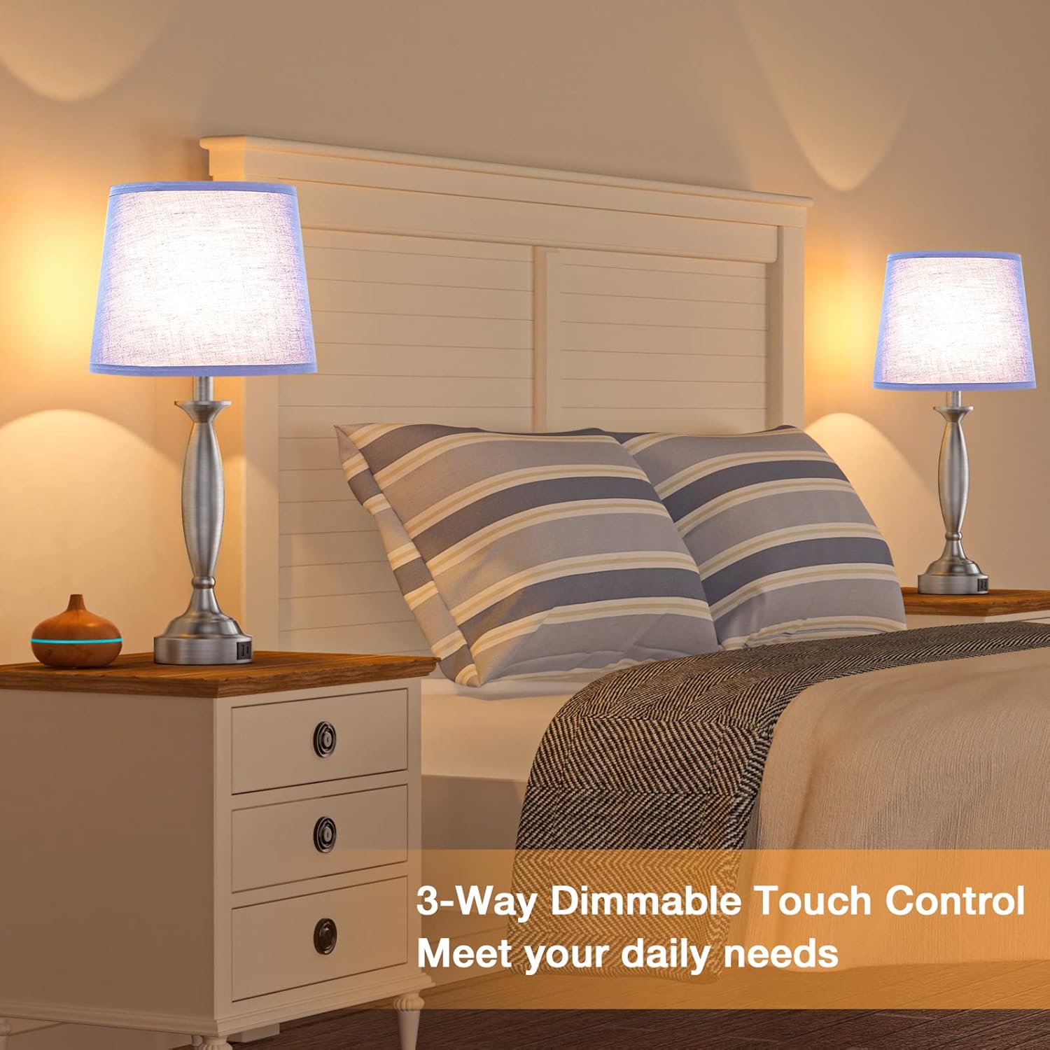 Blue Linen Shade Nickel Base Touch Control Table Lamps Set of 2
