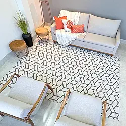 Tapete Retangular para Sala, 200x300cm, Felpa Baixa, Antiderrapante, Decorativo (Beg Geométrico)